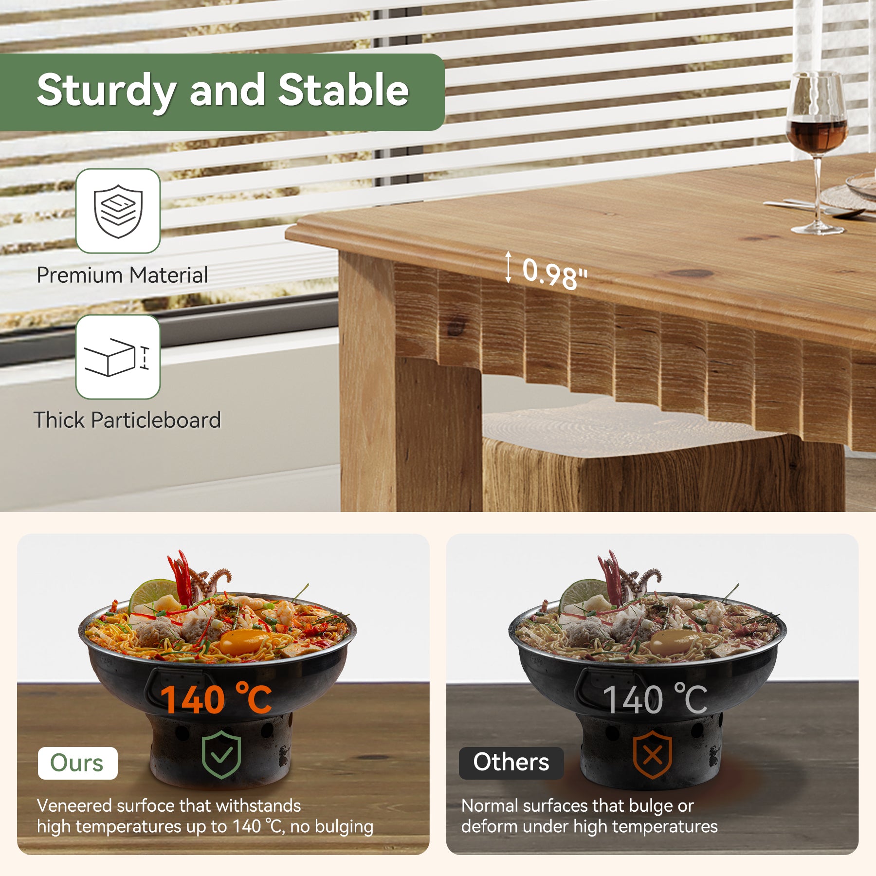 63" Solid Wood Dining Table, Rectangular Kitchen Dinner Table for 4-6