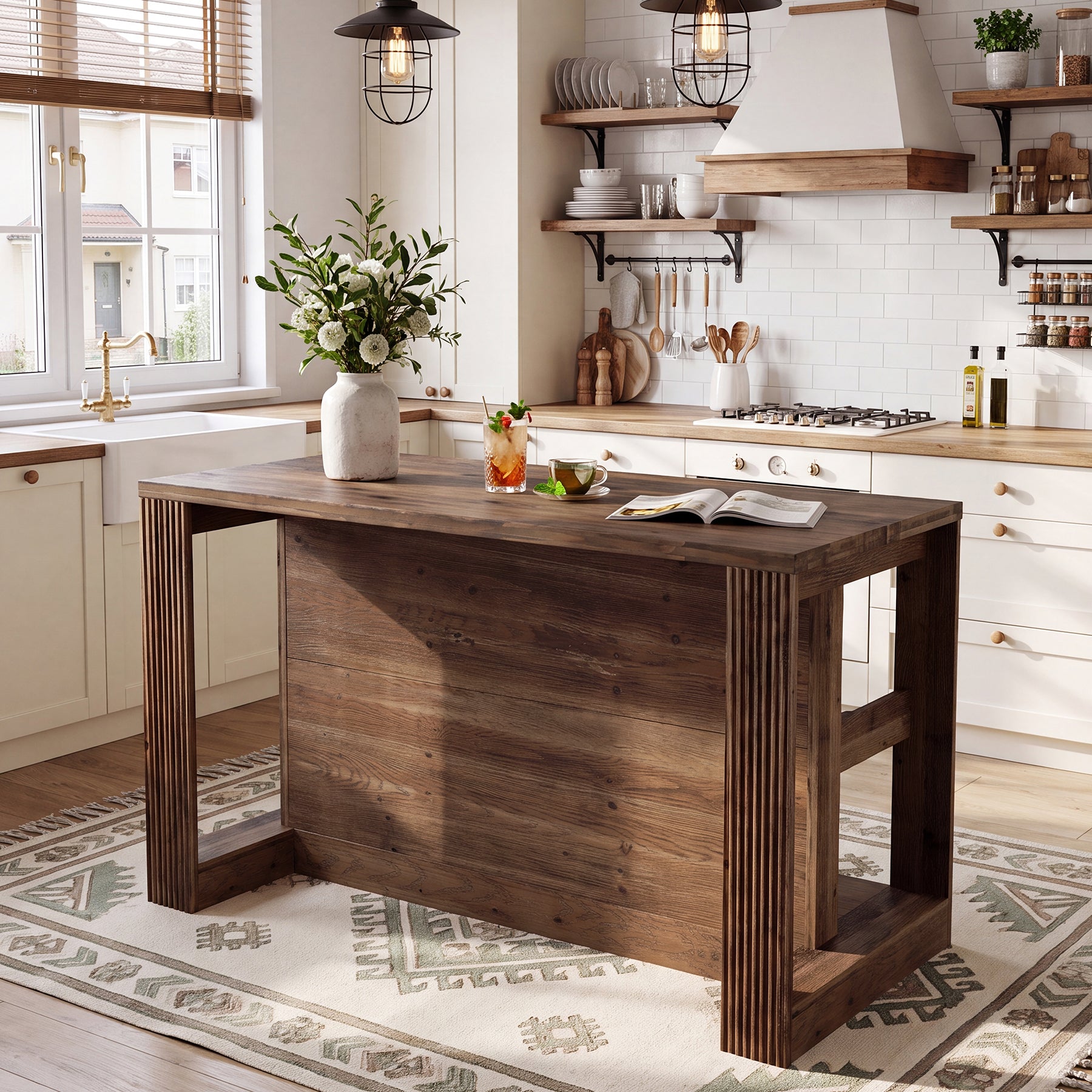 55" Kitchen Island Table, Solid Wood Stationary Storage Islands with 2-Tier Shelves
