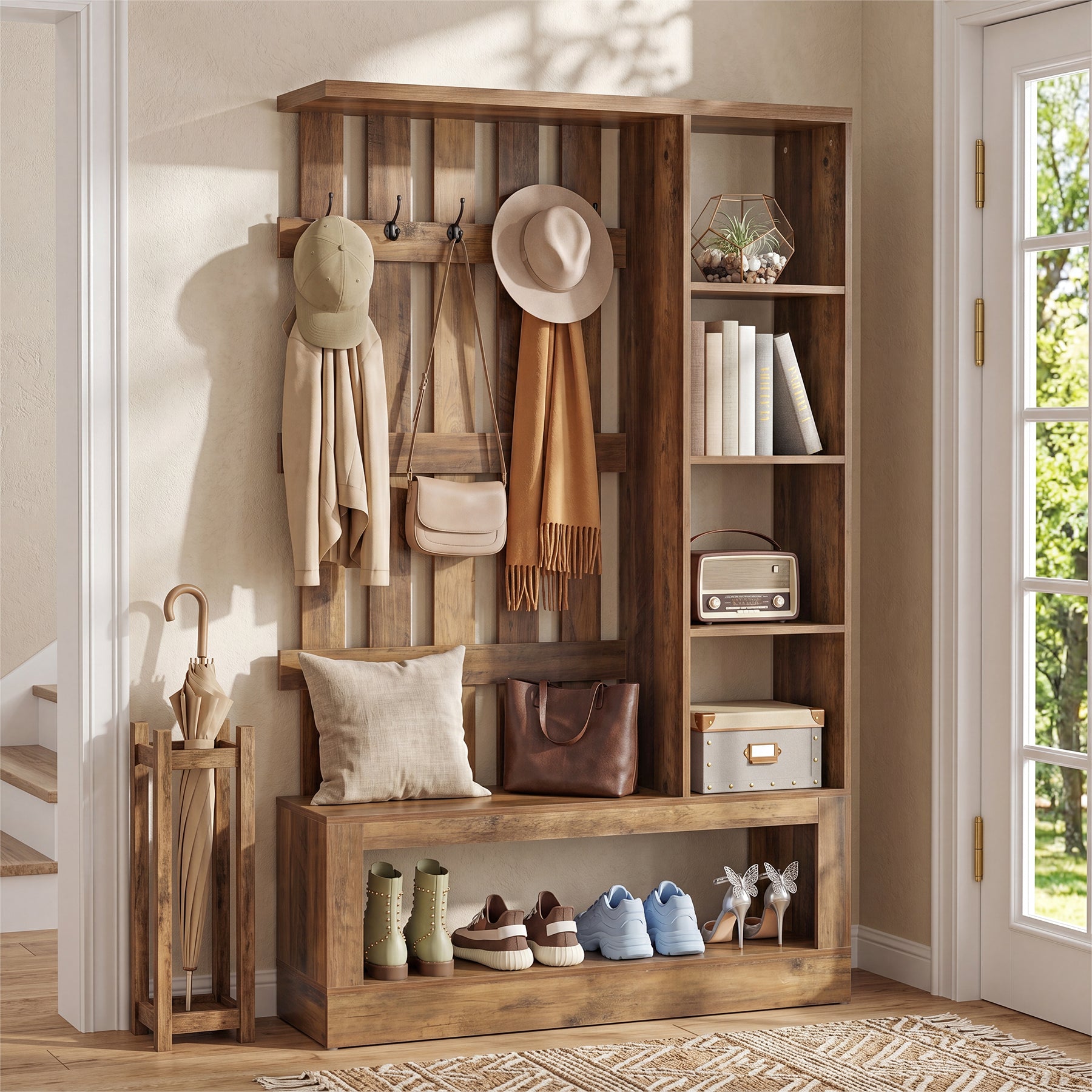 4-In-1 Farmhouse Hall Tree, 70.87" Entryway Coat Rack with Storage Bench