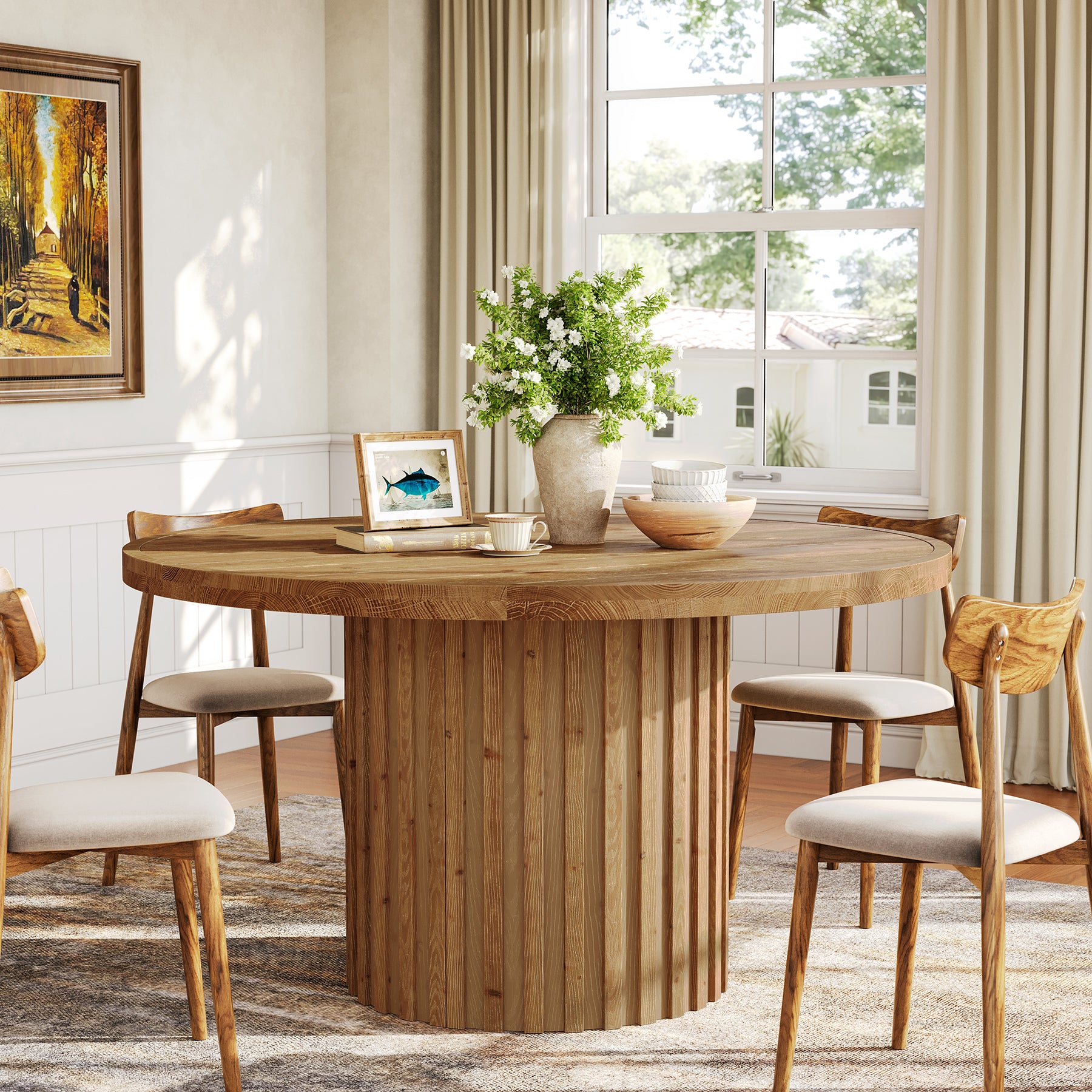 Round Solid Wood Dining Table for 4, 47" Kitchen Table with Fluted Pedestal Base