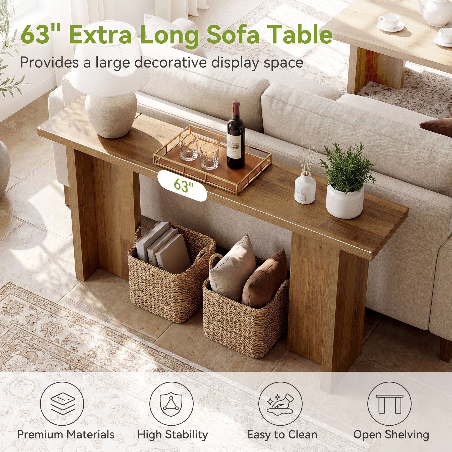63" Narrow Console Table, Modern Entryway Sofa Table with Thick Wood-Grain Top
