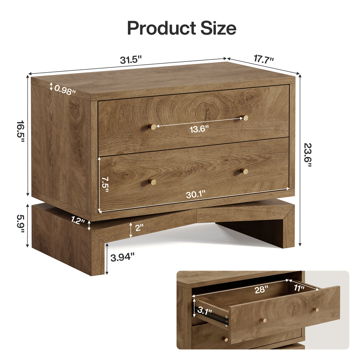 31.5" Oversized Nightstands with 2 Drawers, Farmhouse Bedside Table with U-Shaped Base