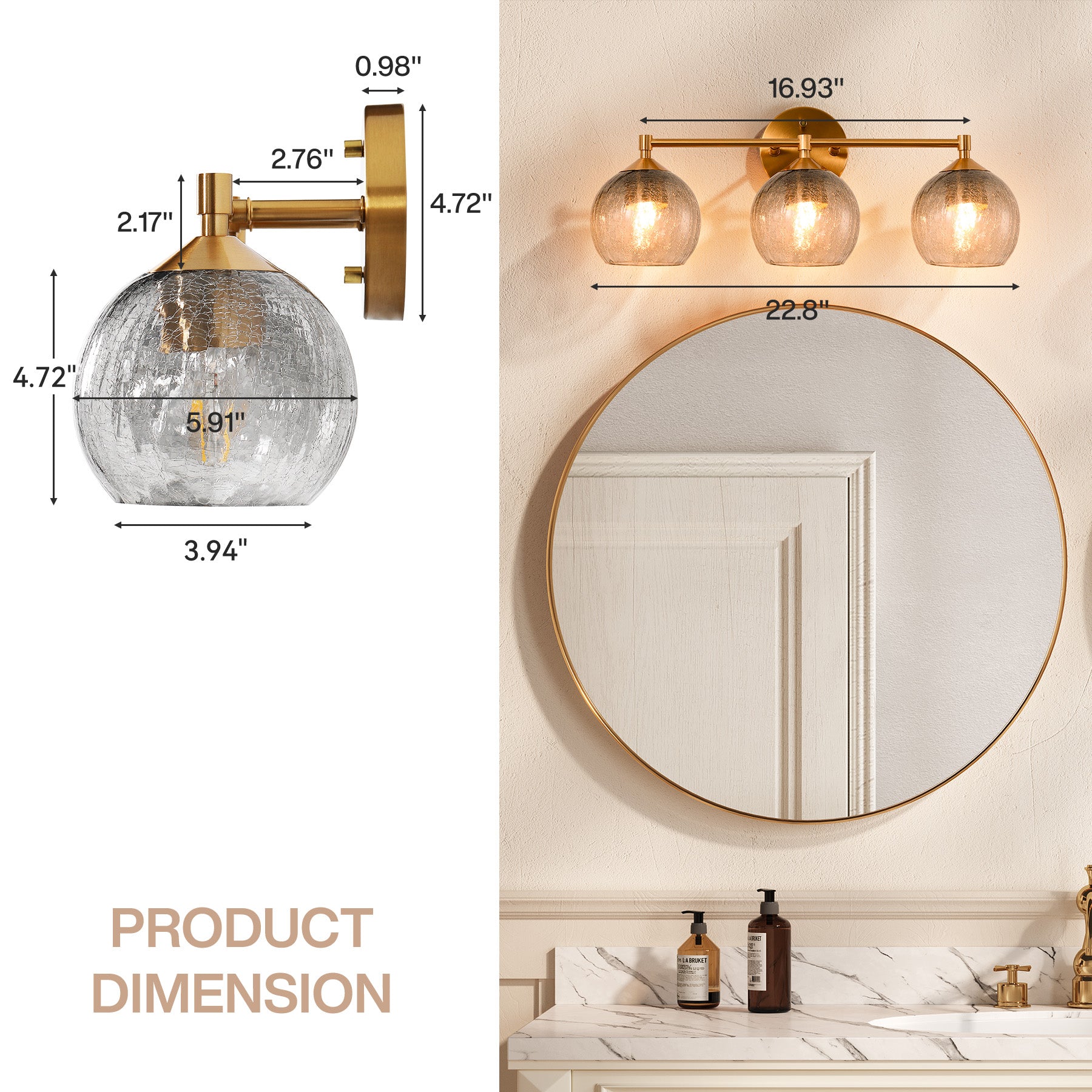3-Light Bathroom Light Fixtures, Modern Wall Sconce Vanity Light with Grey Glass Shade (Bulbs Not Included)