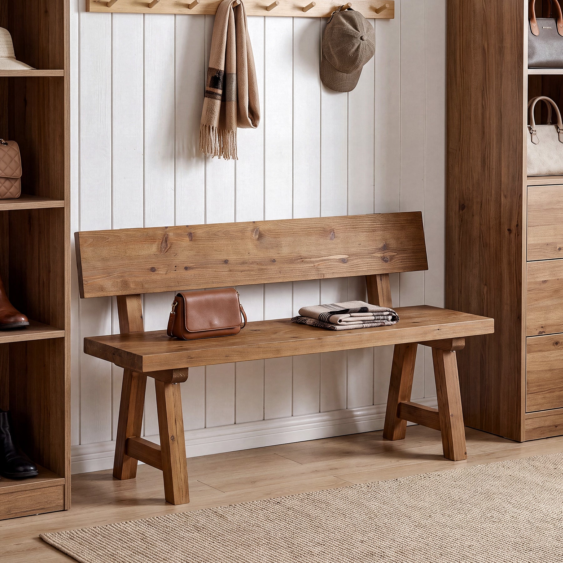 Solid Wood Entryway Bench, Farmhouse Indoor Bench with Back for Hallway, Living room