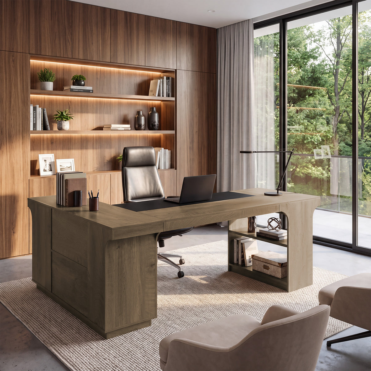 78" L-Shaped Executive Desk, Farmhouse Wood with 3 Drawers & Dual-Side Open Shelves