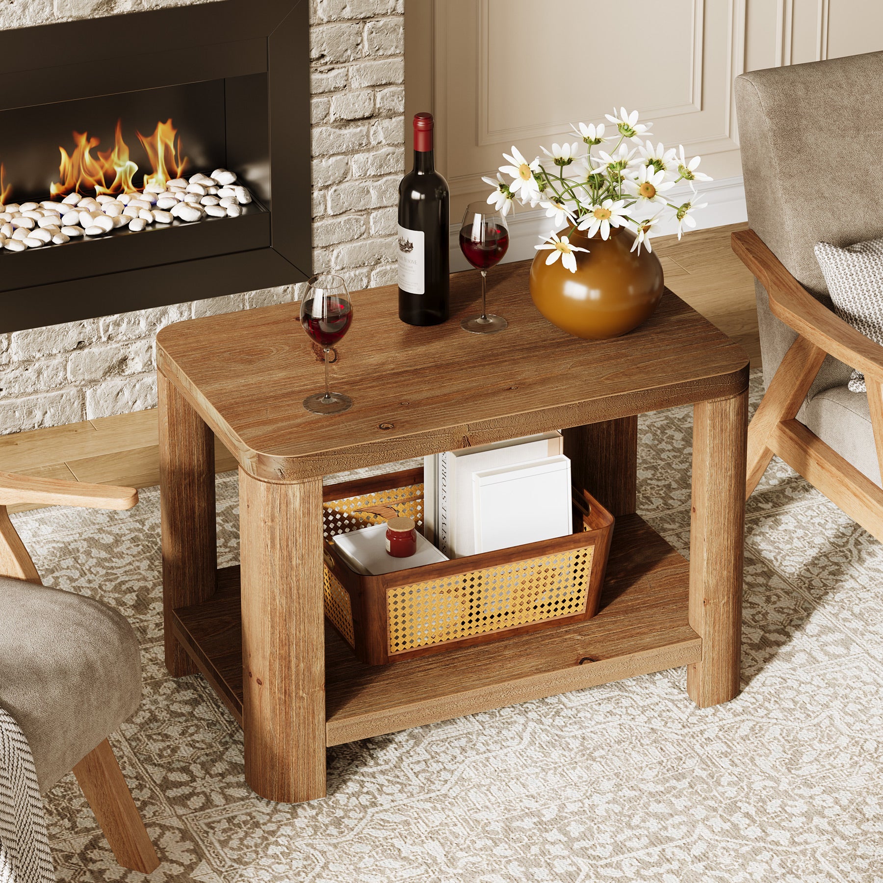 Solid Wood End Table, Rectangle Side Table Nightstand with 2-Tier Shelf