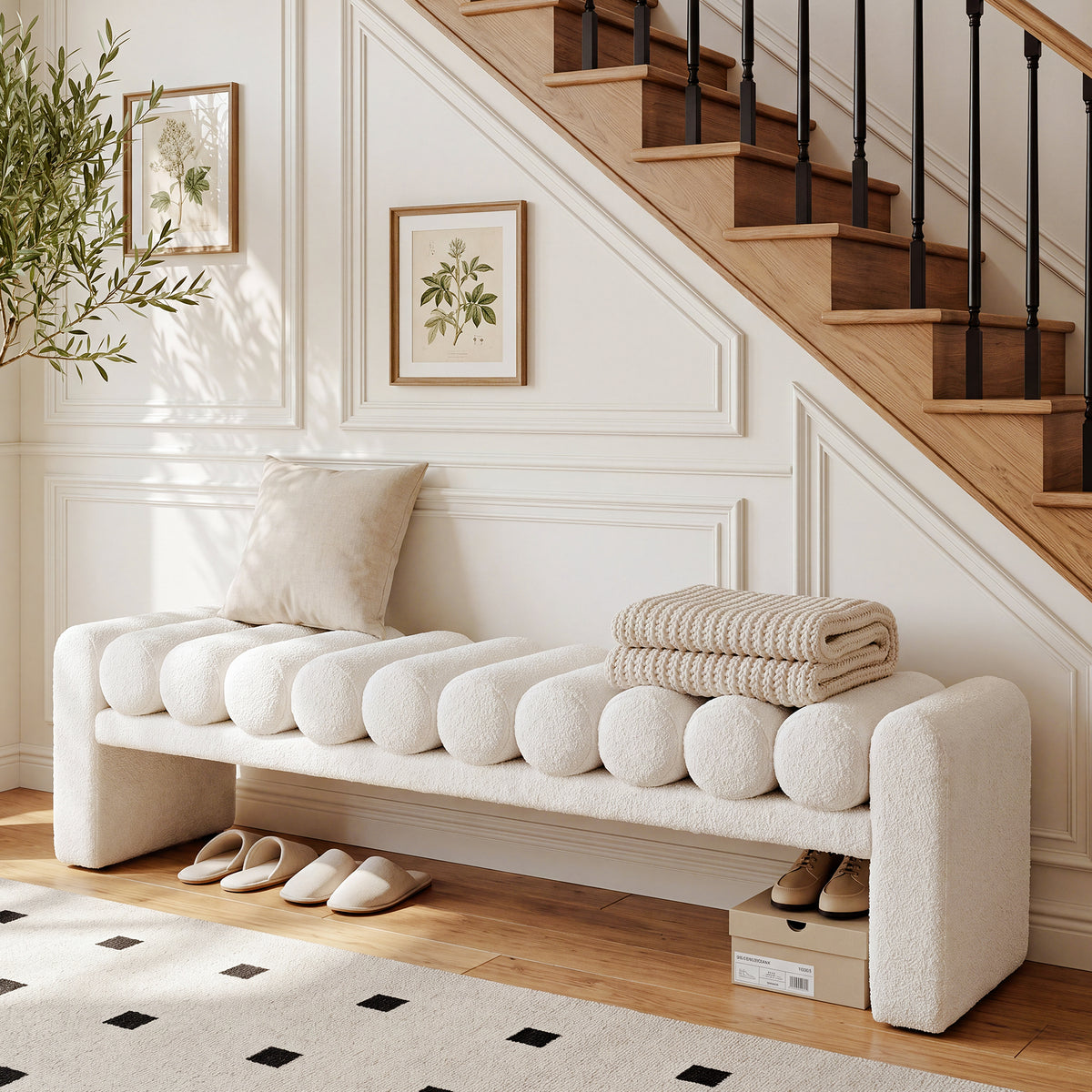 63" Modern Upholstered Entryway Bench with Removable Faux Lamb Wool Roll Cushions