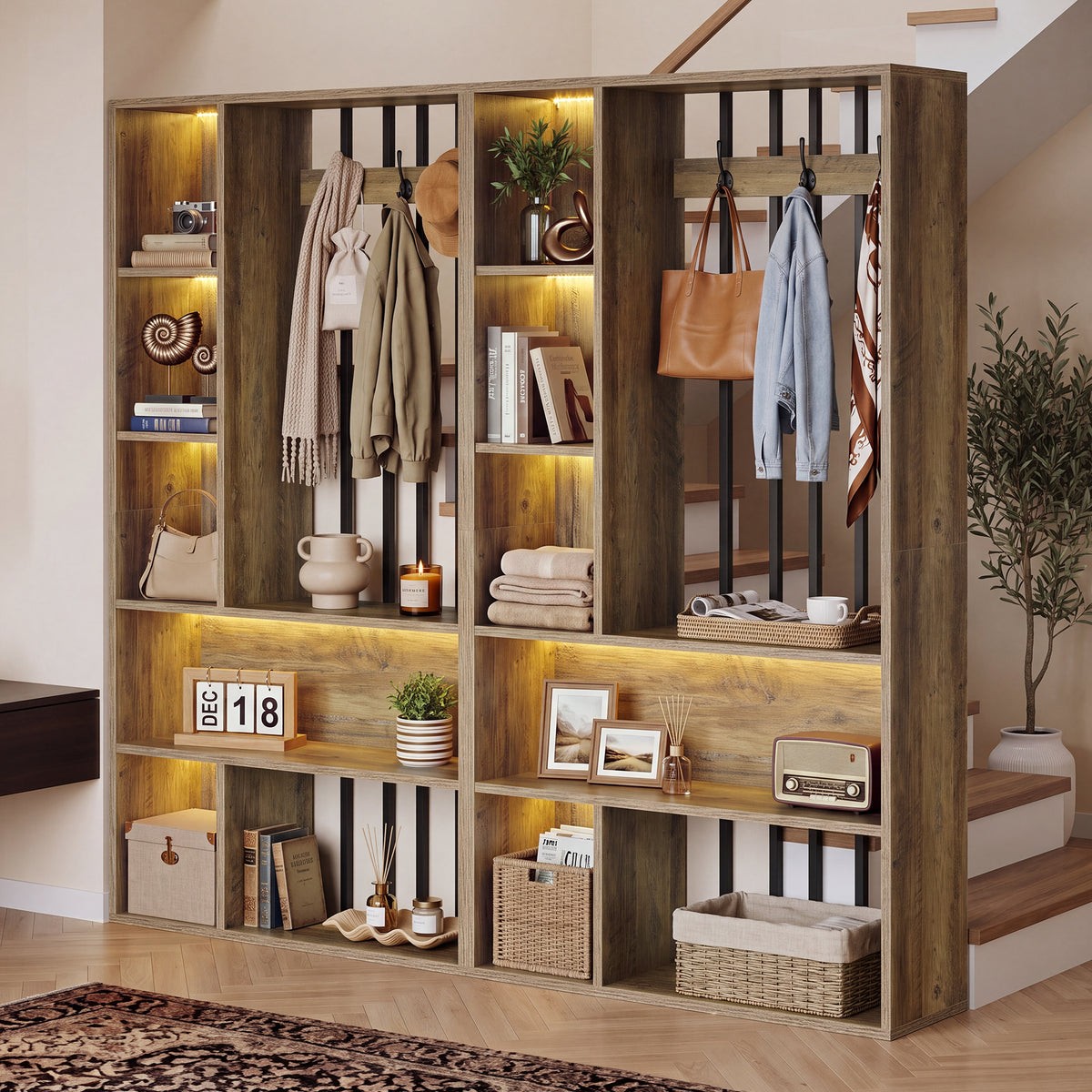 71" Modern Wood Room Divider with Shelves, Coat Hooks & LED Light, Freestanding