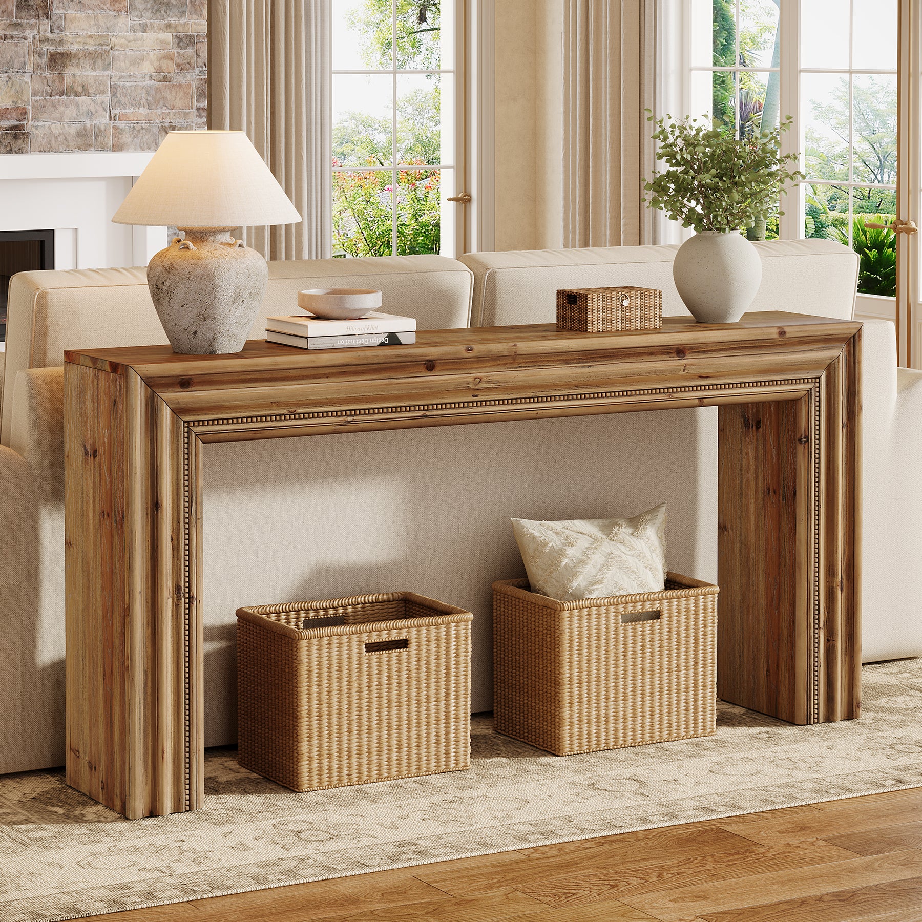 63" Solid Wood Console Table, Narrow Sofa Table Behind Couch with Sculpted Edge