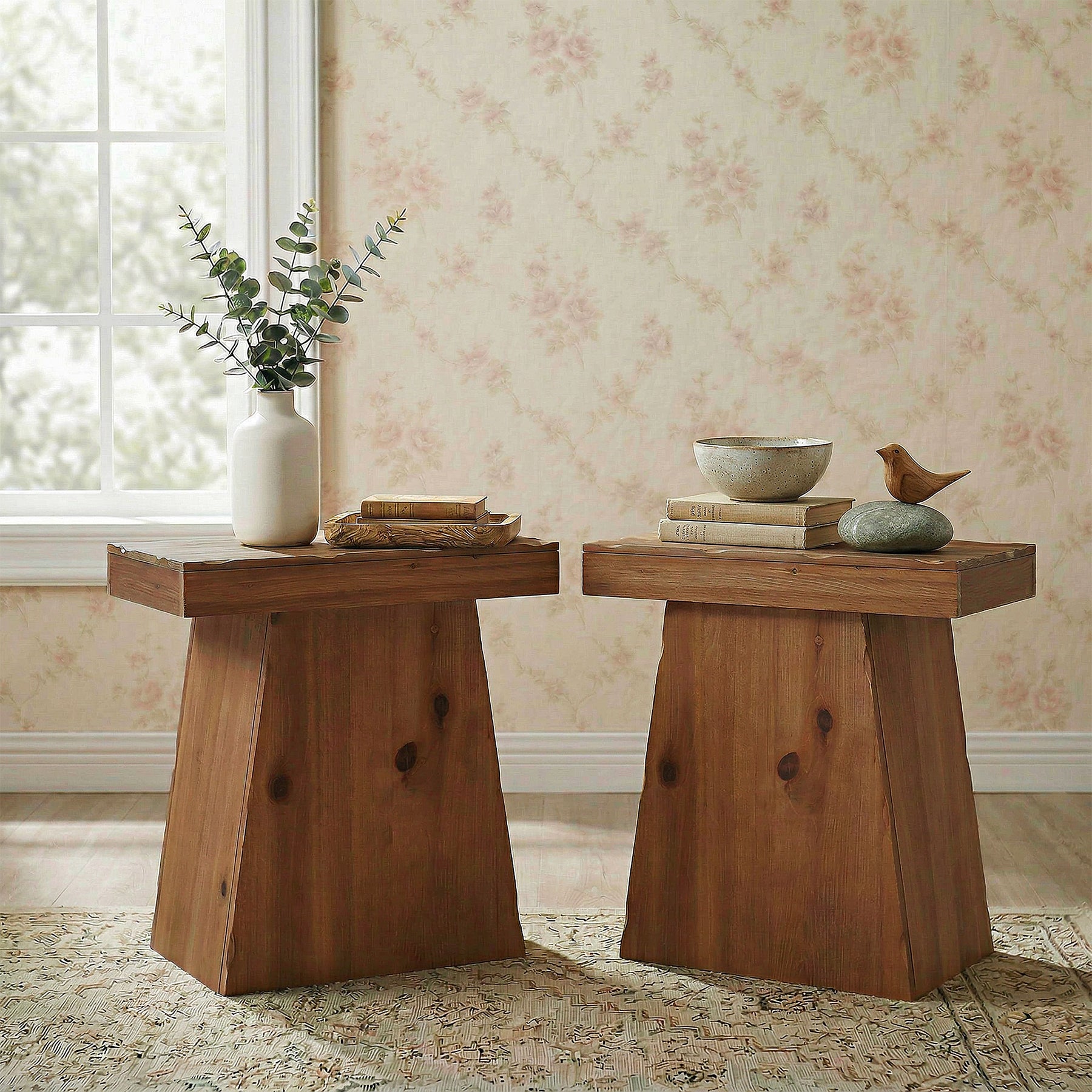 23.6-Inch Solid Wood End Table with Trapezoid Base, Small Walnut Side Taable for Living Room