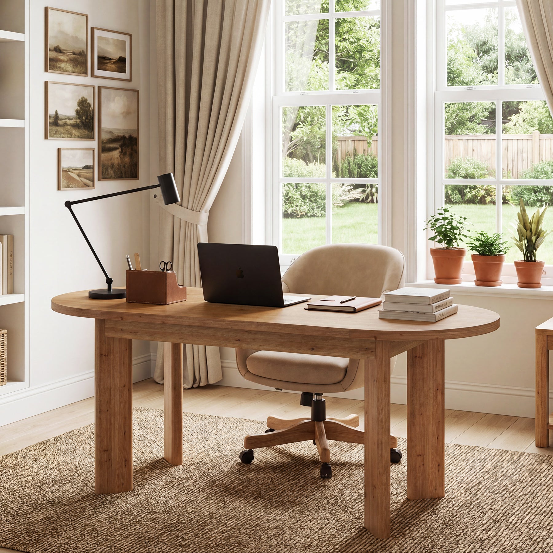 63" Oval Executive Desk, Office Solid Wood Computer Desk with Reinforced Frame