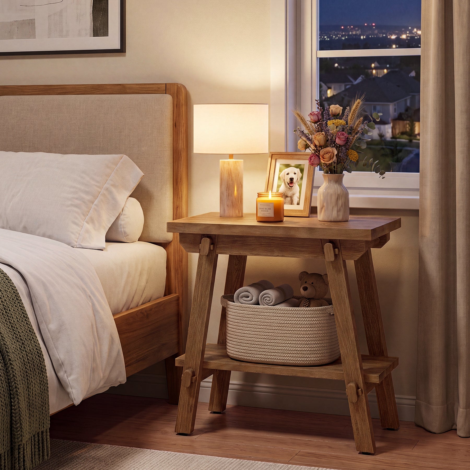Solid Wood End Table, 23.6" Narrow Couch Side Table Nightstand for Small Spaces