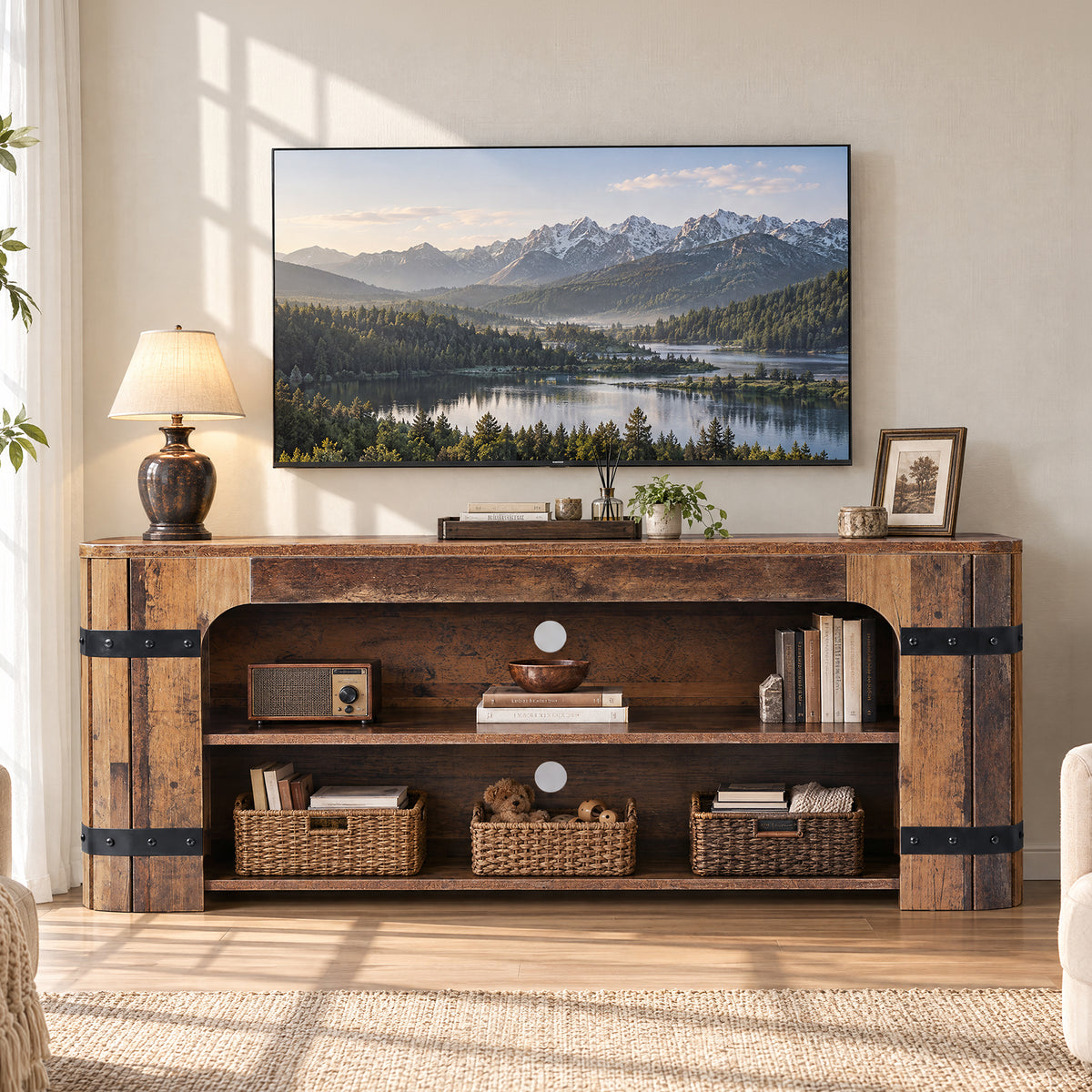 63" TV Stand for 70" TVs, 3-Tier Entertainment Center with 2 Cable Cutouts for Living Room