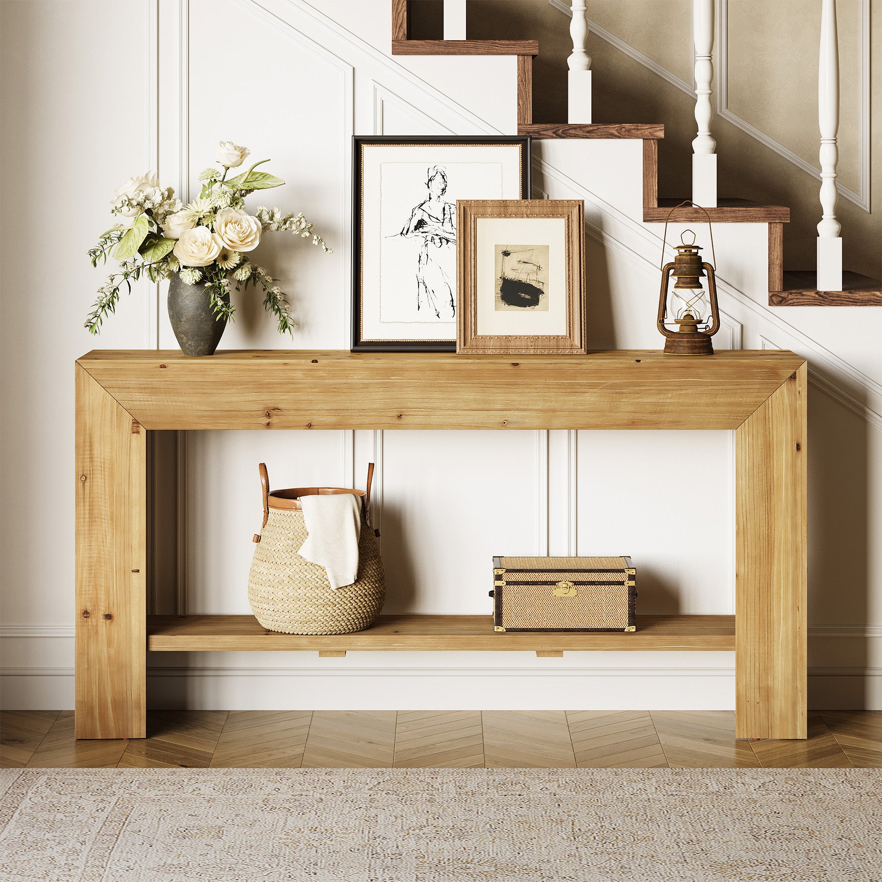 63" Solid Wood Console Table, Narrow Entryway Table with Storage