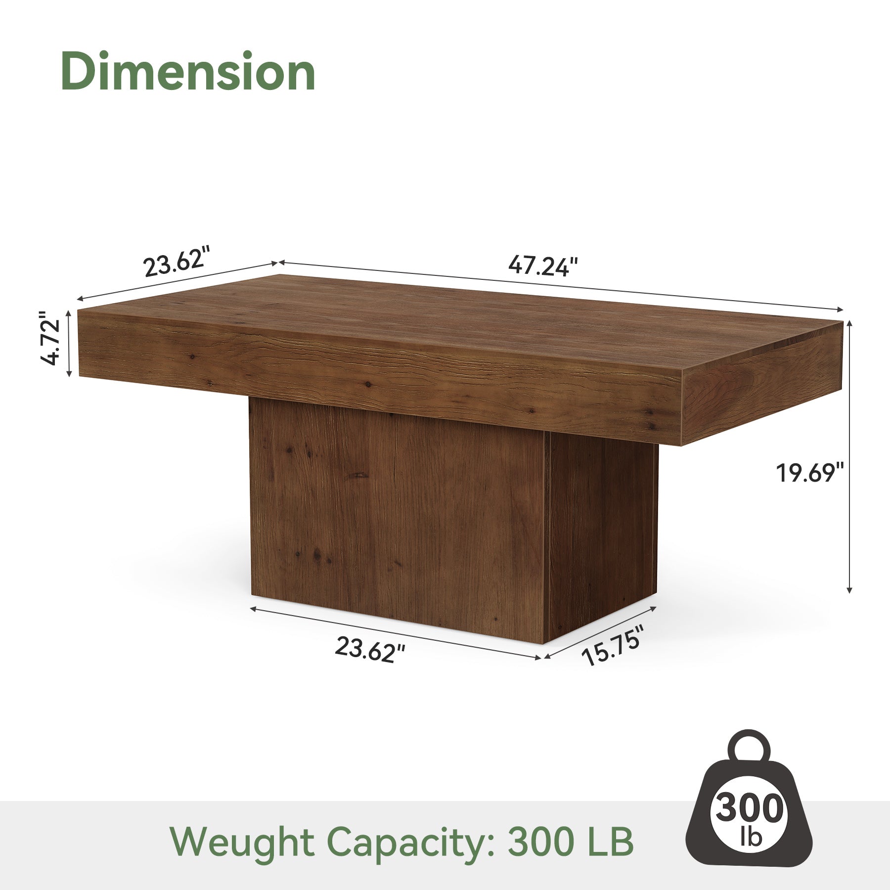 47.24" Solid Wood Coffee Table, Rectangle Center Table with Sturdy Pedestal