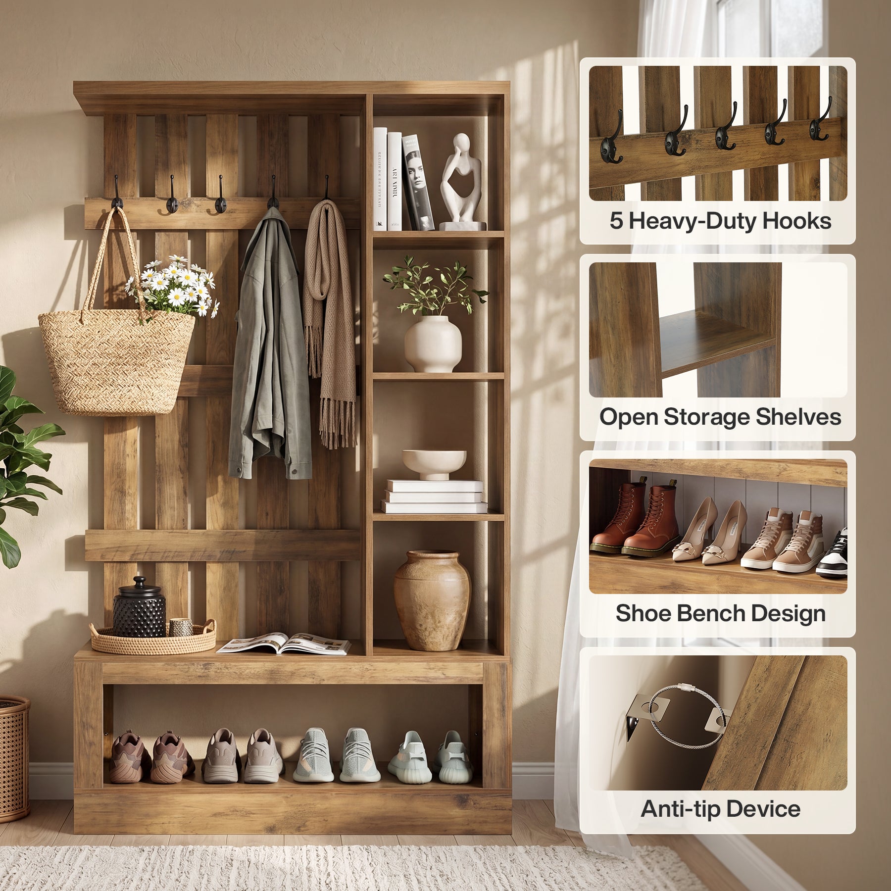 4-In-1 Farmhouse Hall Tree, 70.87" Entryway Coat Rack with Storage Bench