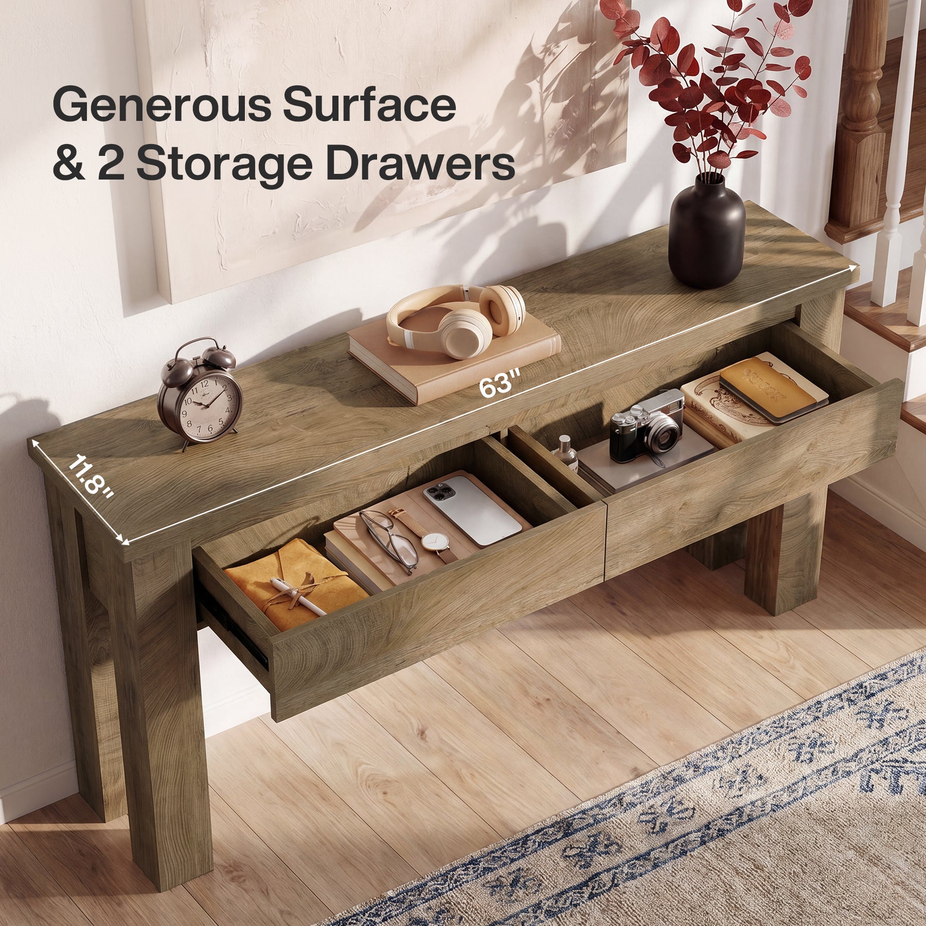 63" Console Table with 2 Drawers, Farmhouse Entryway Sofa Table Behind Couch