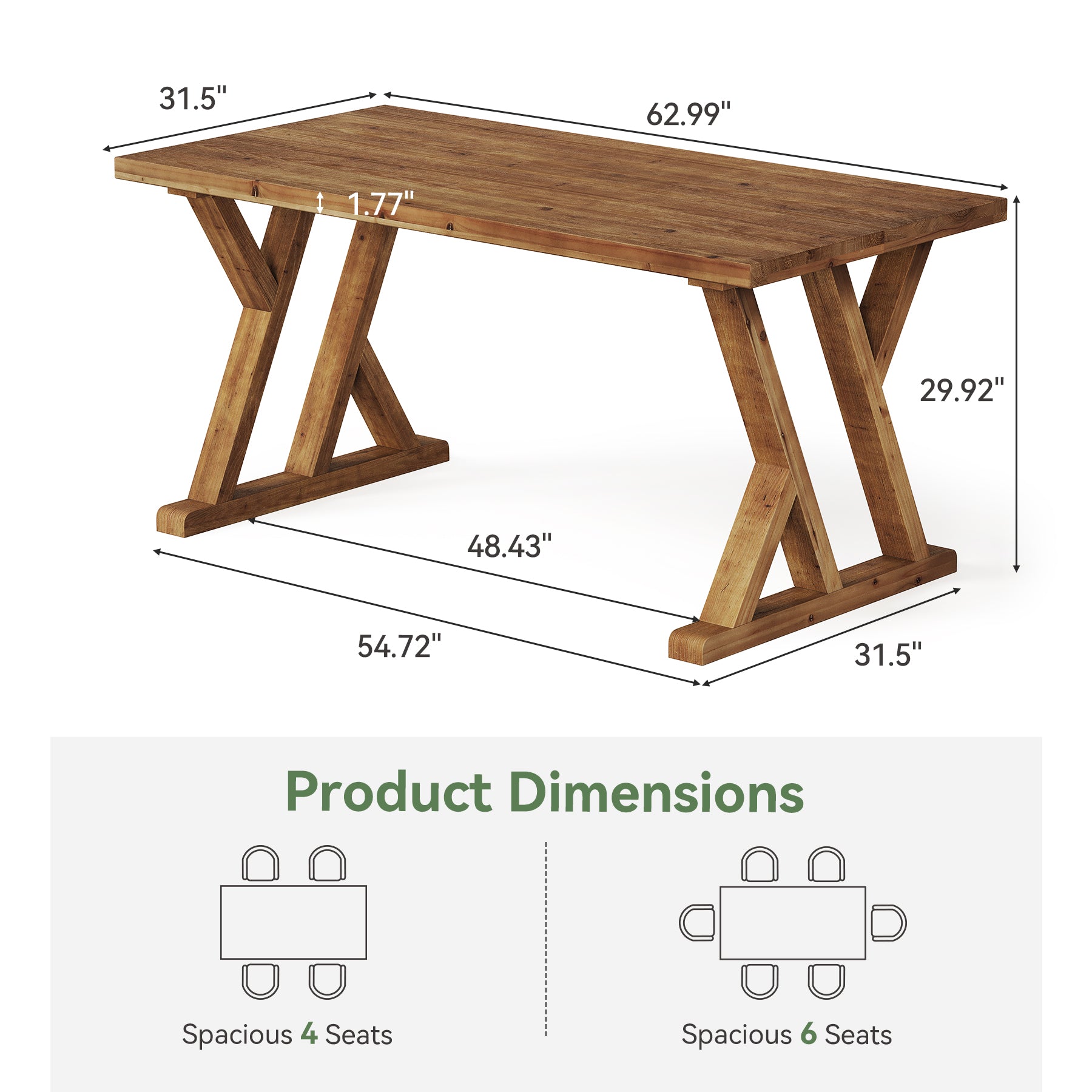 63" Wood Dining Table, Farmhouse Kitchen Dinner Table for 4-6 People