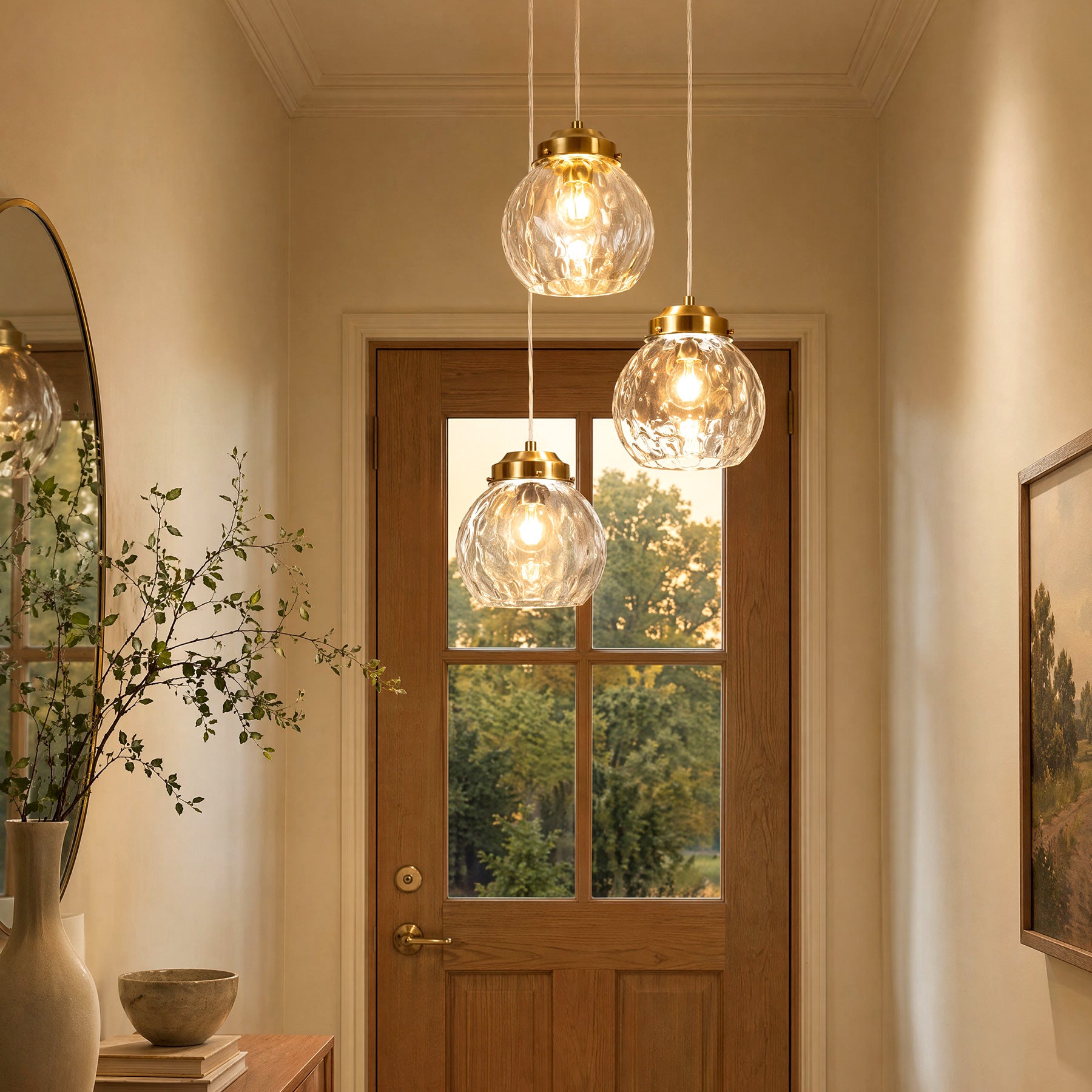 3-Light Pendant Lighting Fixtures with Adjustable Hanging Cords, Hammered Glass Globe Shades