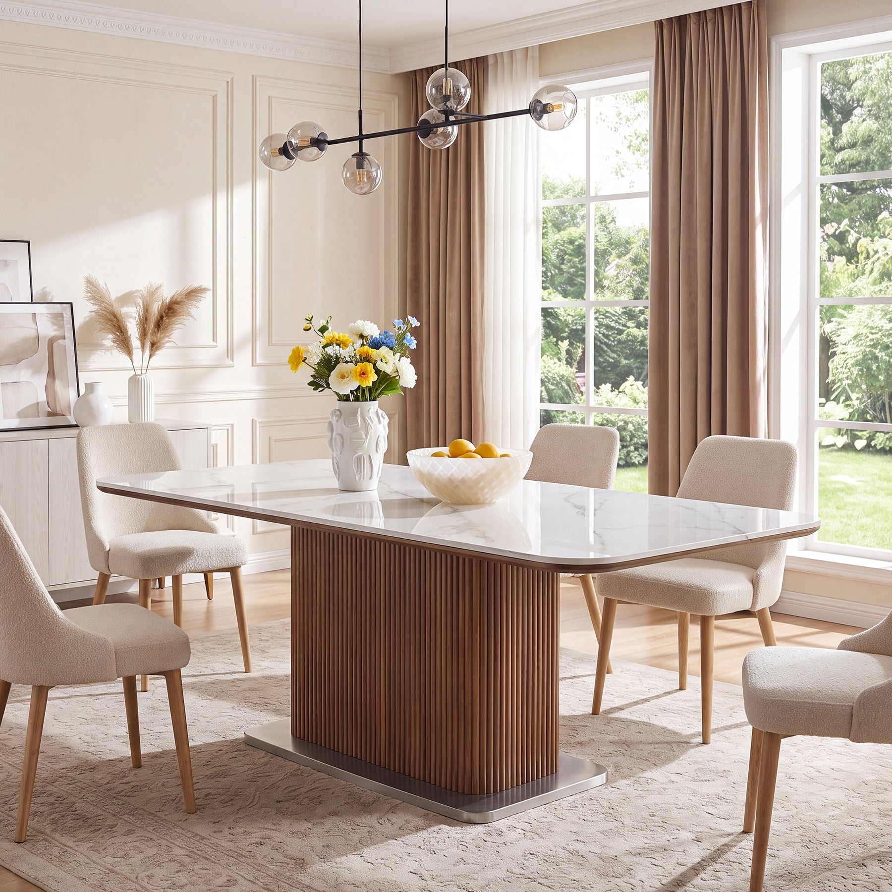 63" Sintered Stone Dining Table, Rectangle Kitchen Table with Solid Wood Fluted Base for 4-6