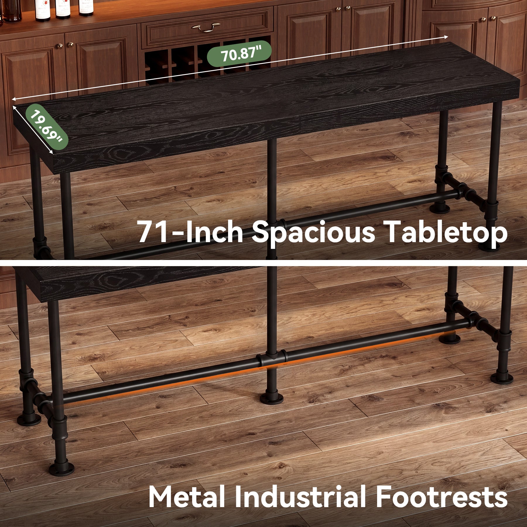 70.87" Solid Wood Bar Table for 6-8 People, Industrial Counter Height Pub Table
