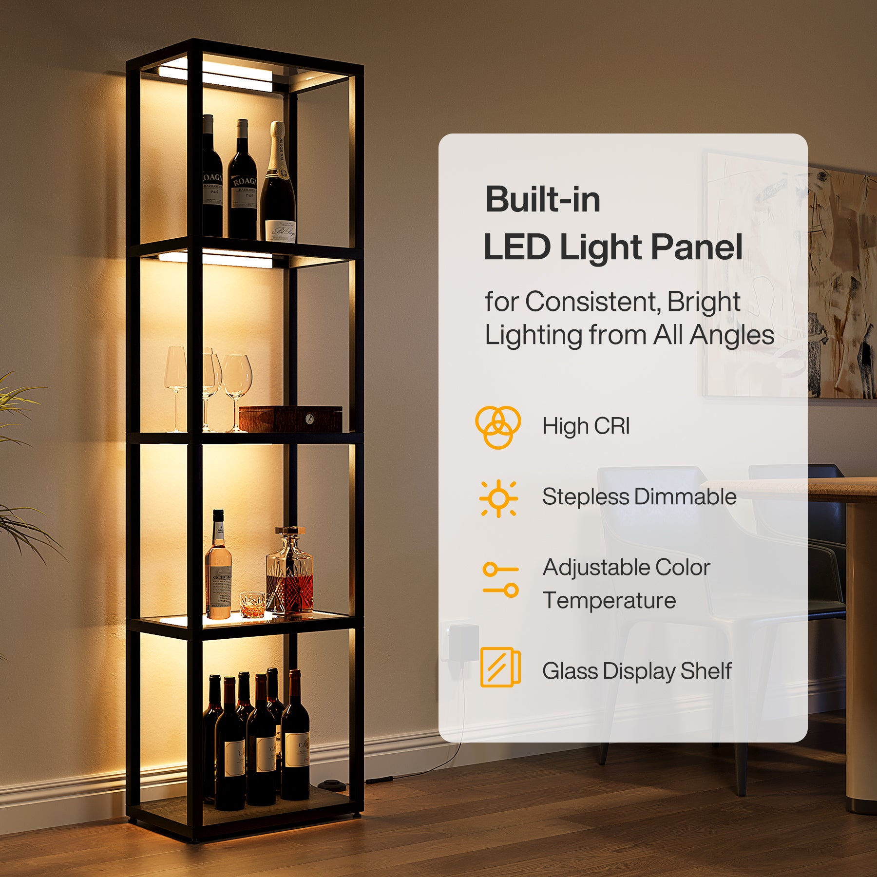 LED Floor Lamp, 4-Tier Bookshelf with Glass Shelves & Light