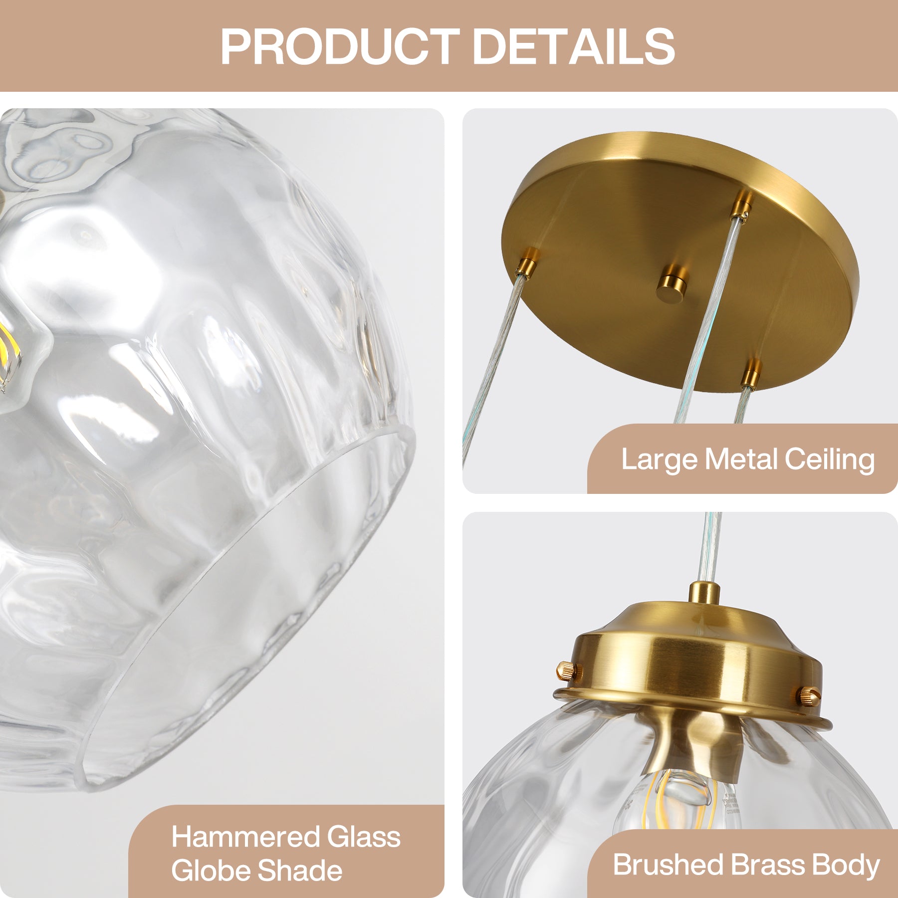 3-Light Pendant Lighting Fixtures with Adjustable Hanging Cords, Hammered Glass Globe Shades