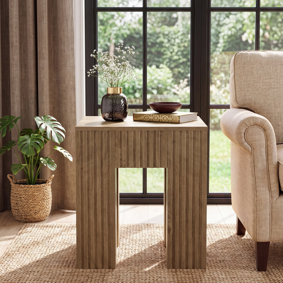 Square Fluted End Table, Farmhouse Side Table for Living Room, Bedside Nightstand