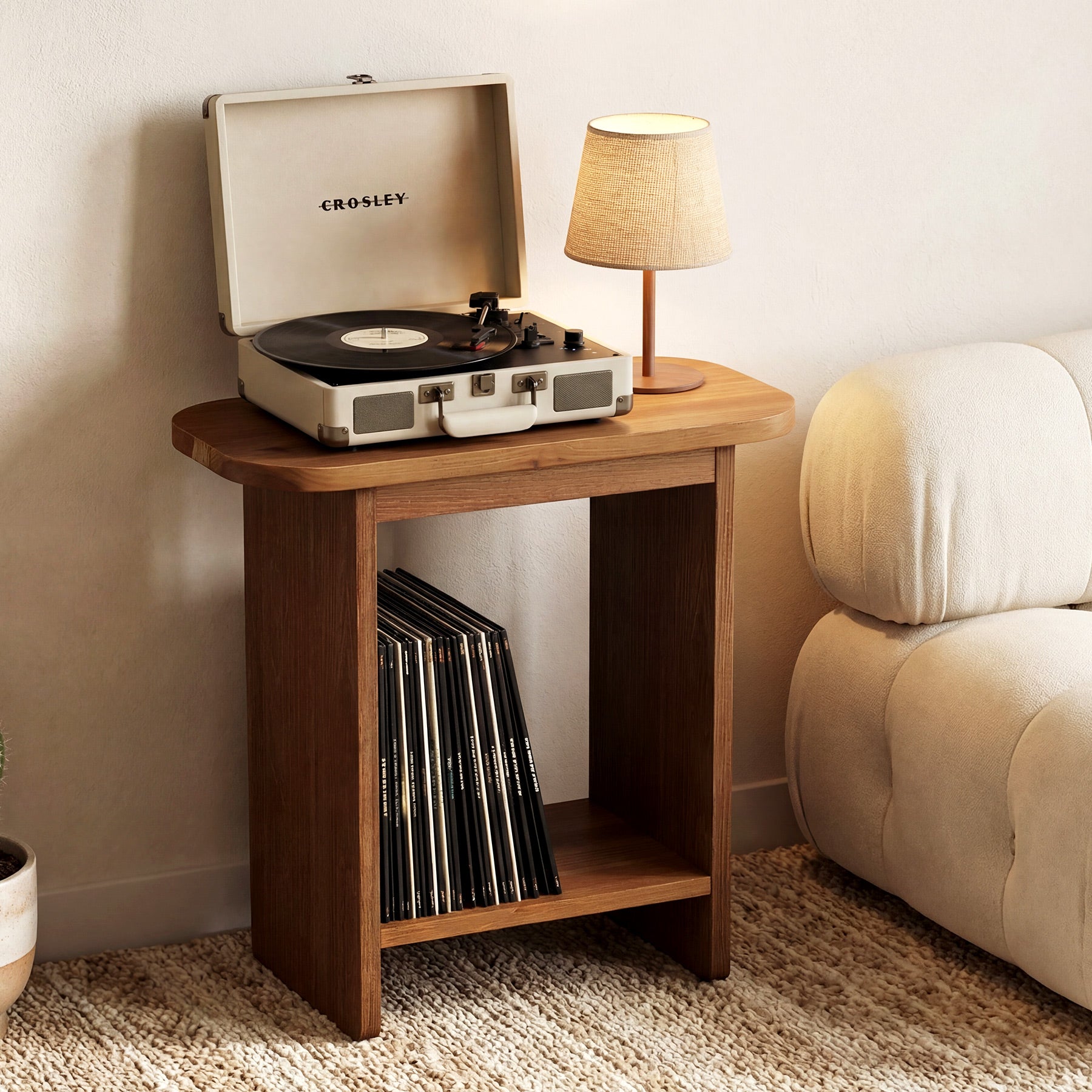 Solid Wood End Table, H-Shaped 2-Tier Side Table with Storage Shelf