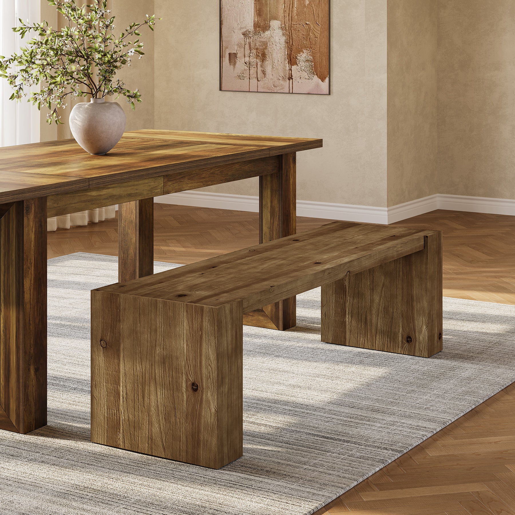 59" Entryway Bench, Solid Wood Bench Seat TV Stand with Sturdy Frame