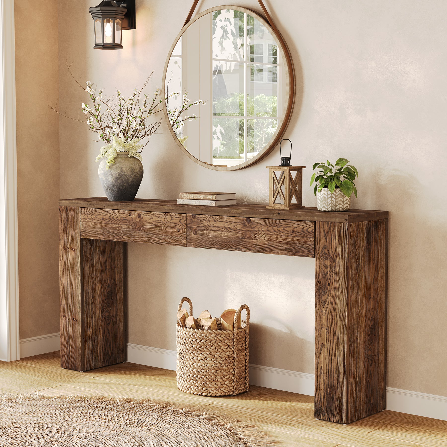 Solid Wood 63" Console Table with Hidden Storage Drawers, Sofa Table Behind Couch