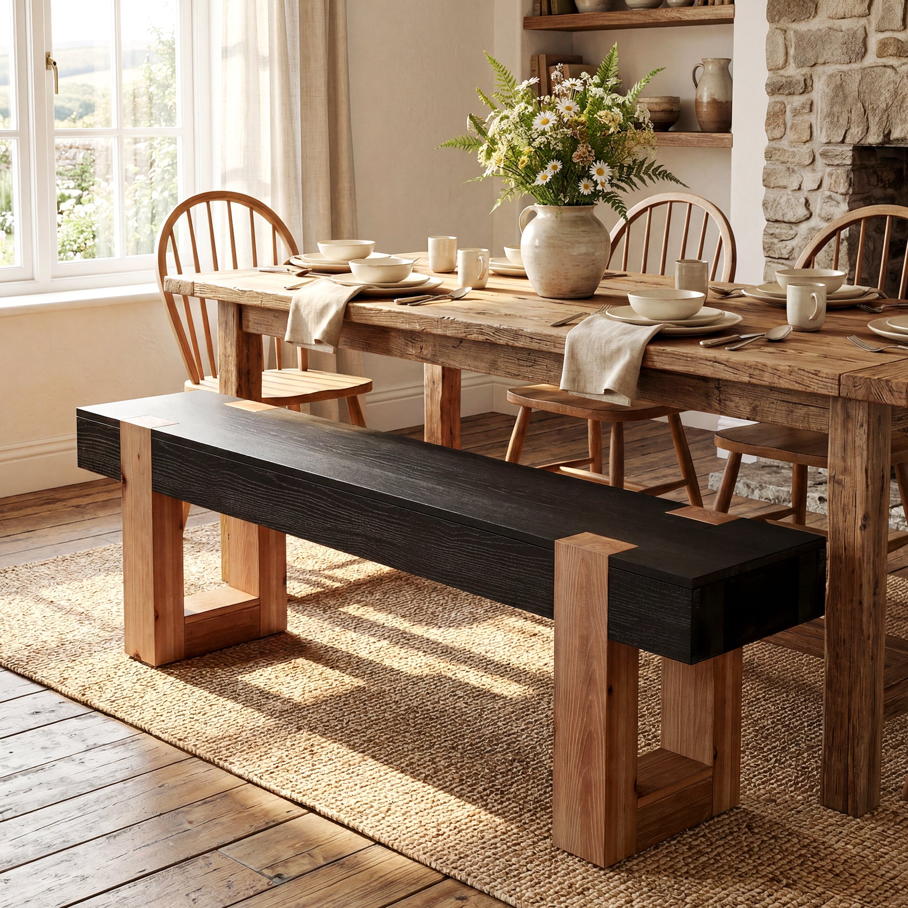 55" Solid Wood Dining Bench, Farmhouse Wooden Entryway Bench