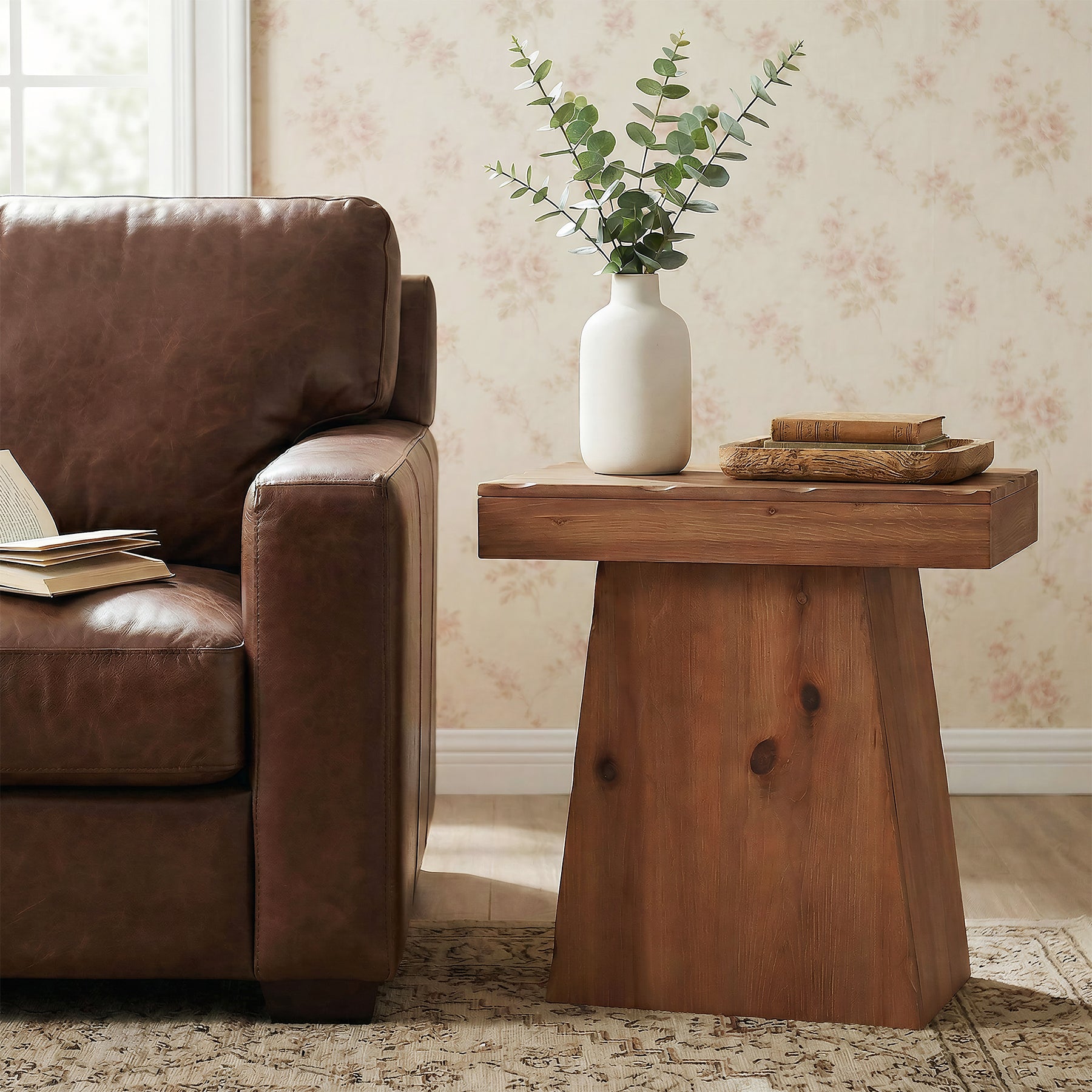 23.6-Inch Solid Wood End Table with Trapezoid Base, Small Walnut Side Taable for Living Room