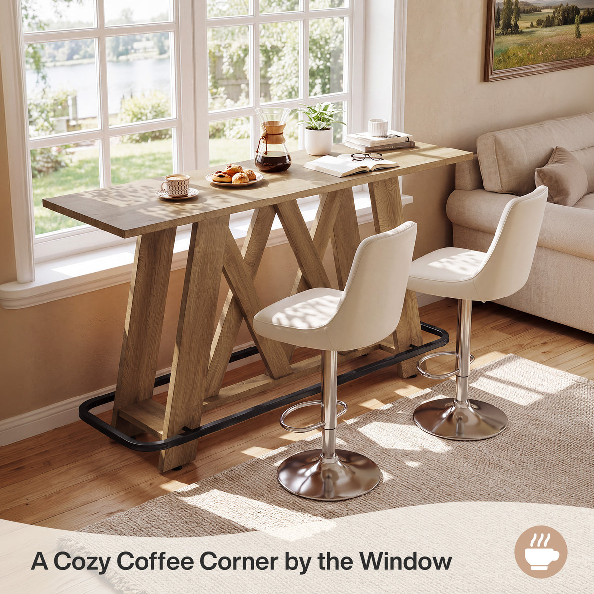 63" Bar Table with A-Frame Legs & Metal Footrest, Rustic Pub Table
