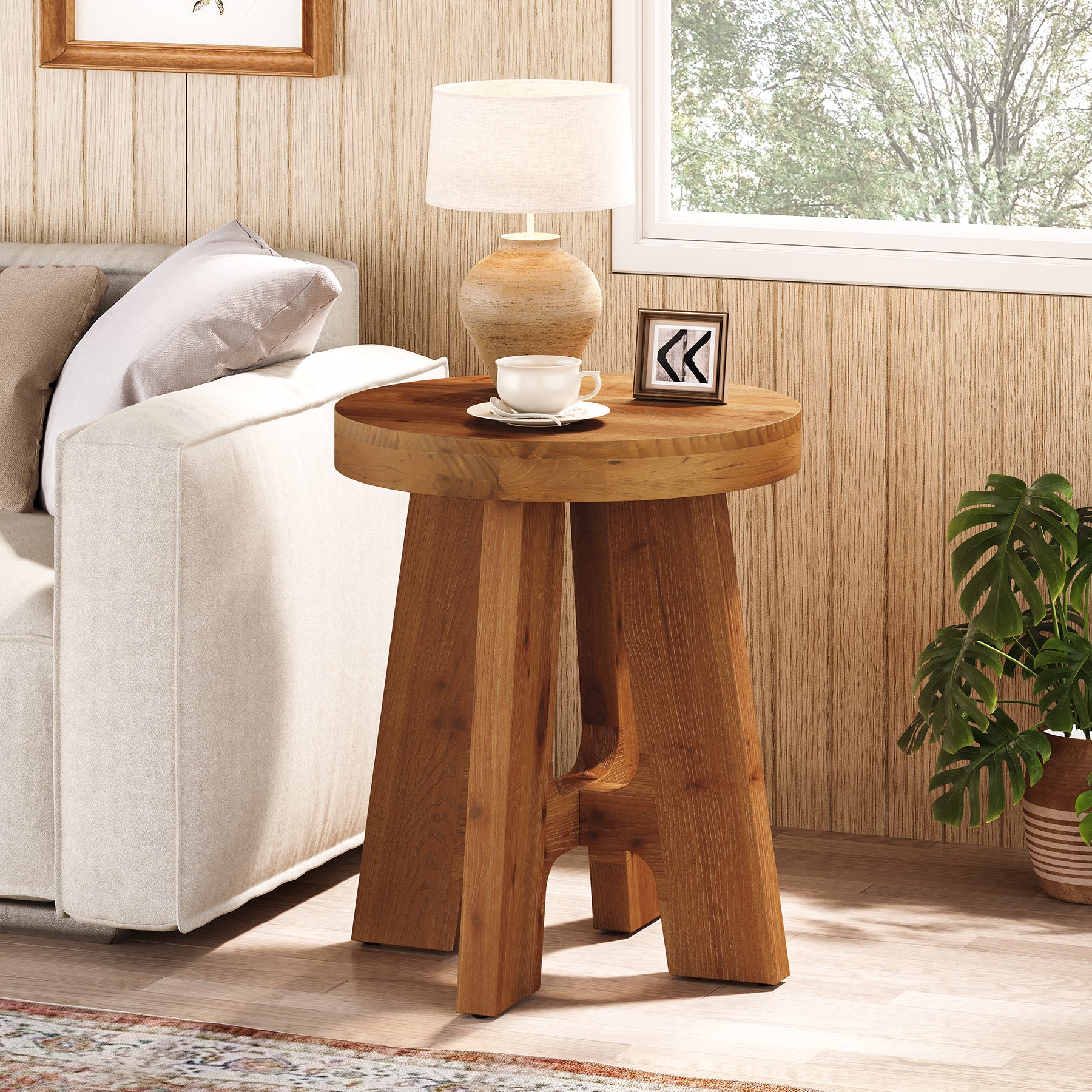 Solid Wood End Table, Round Side Table with Heavy-Duty Legs for Couch