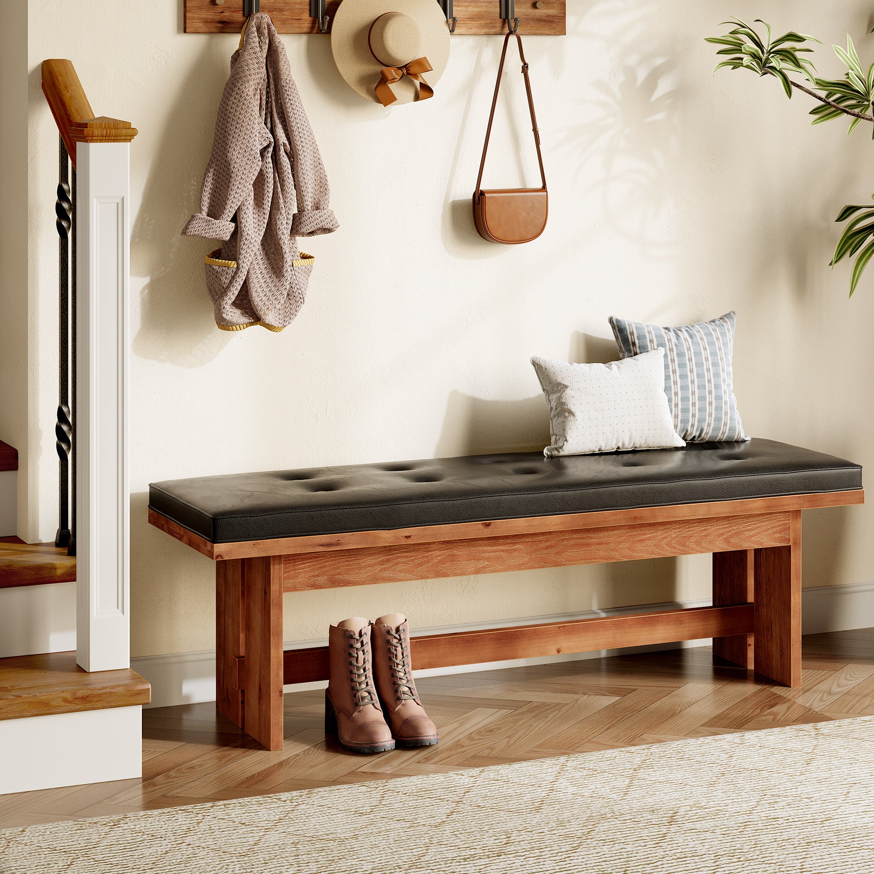 Solid Wood Shoe Bench with Cushion, 55" Upholstered Entryway Bench