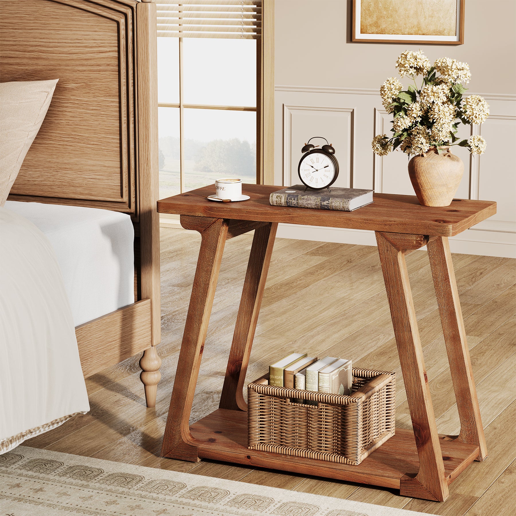 Solid Wood End Table, Narrow Side Table Nightstand with 2-Tier Storage - Thumbnail 3