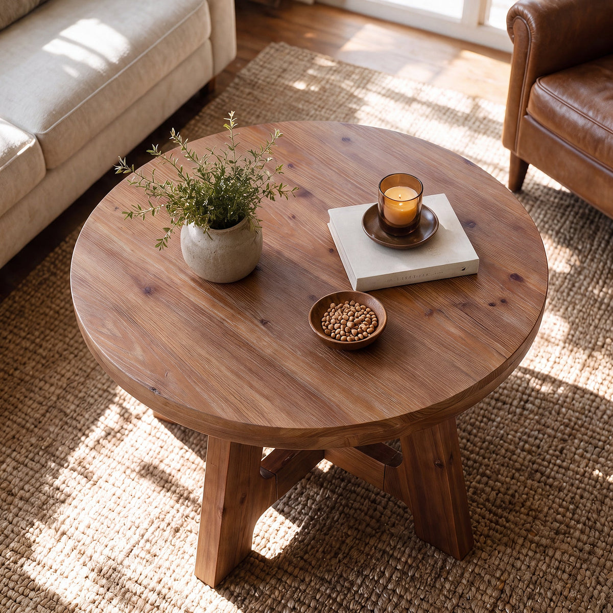 32" Round Solid Wood Coffee Table, Farmhouse 2" Thick Top & Tapered Legs