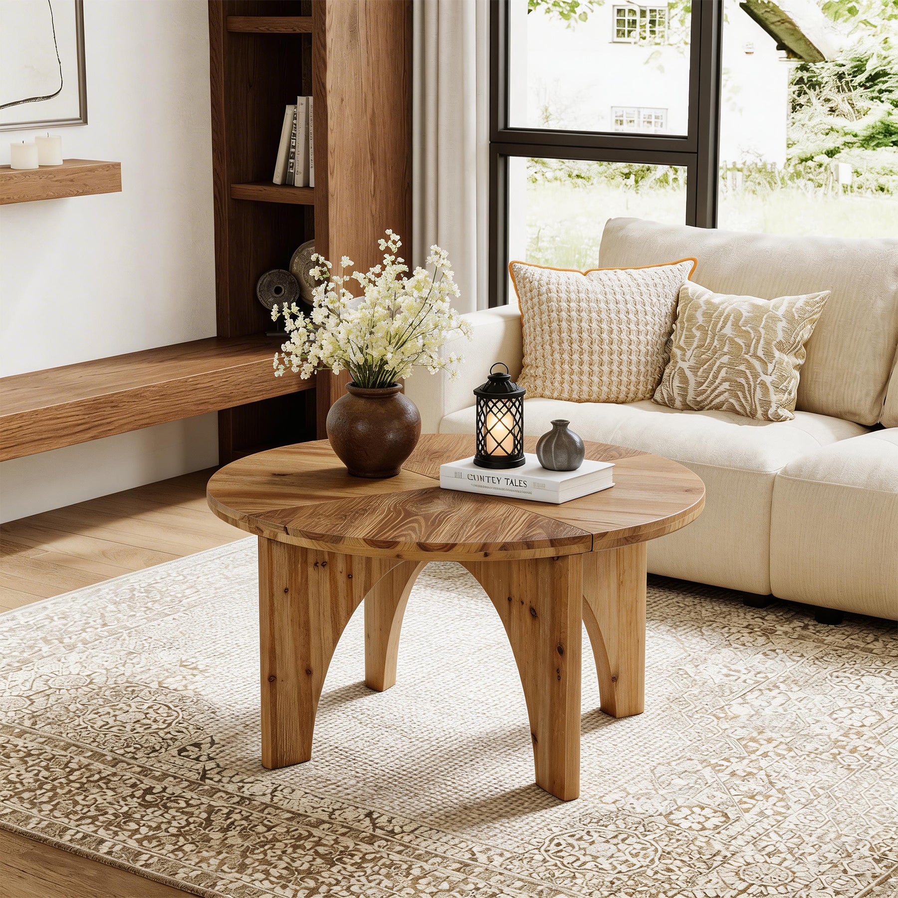 31.5" Round Coffee Table, Farmhouse Solid Wood Center Table with Curved Legs