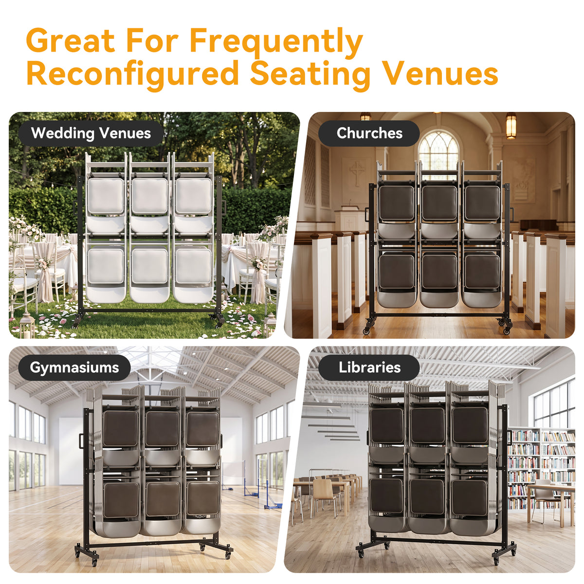 Heavy-Duty Folding Chair Rack On Wheels for Up to 84 Chairs or 12 Tables+42 Chairs, 800 LBS Capacity