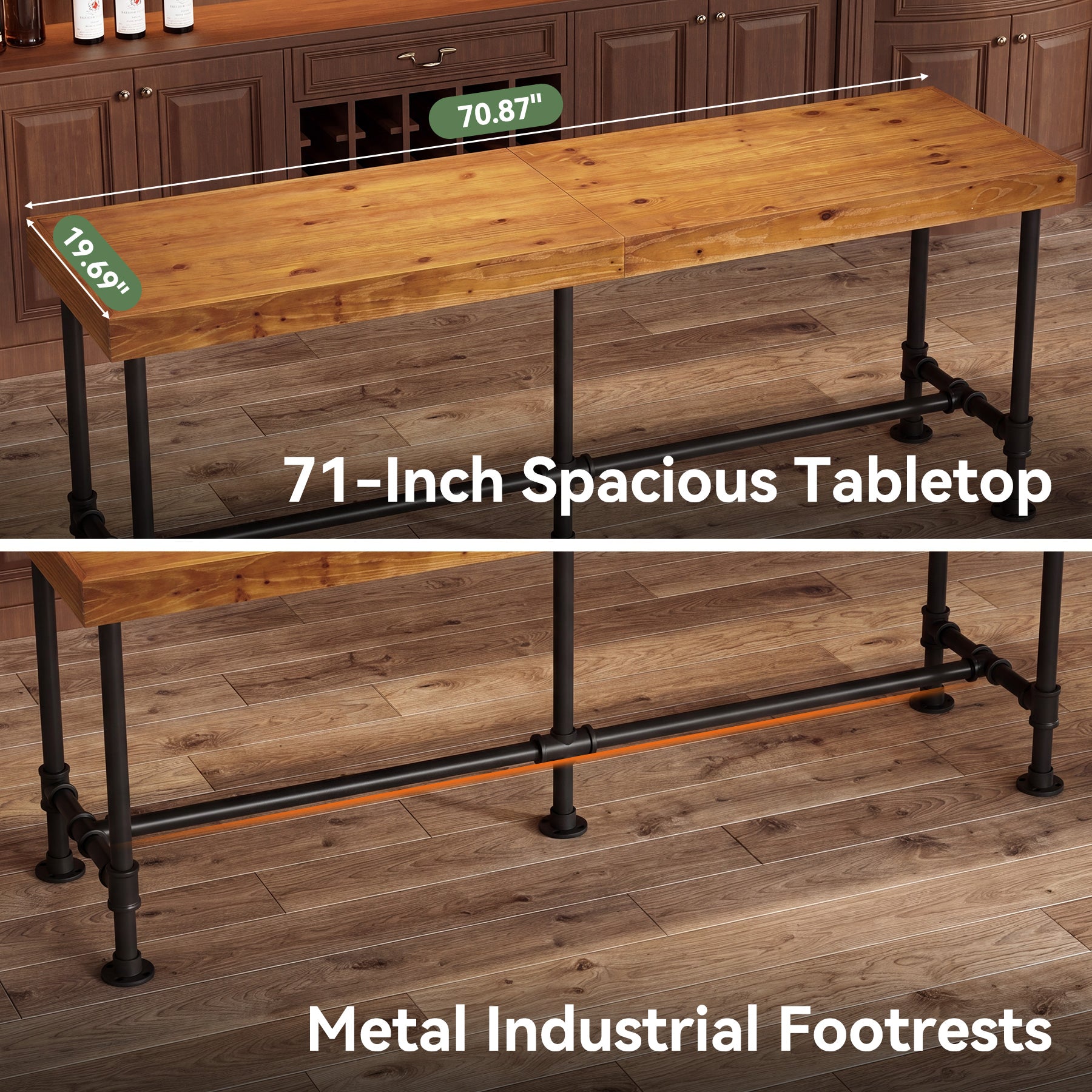 70.87" Solid Wood Bar Table for 6-8 People, Industrial Counter Height Pub Table