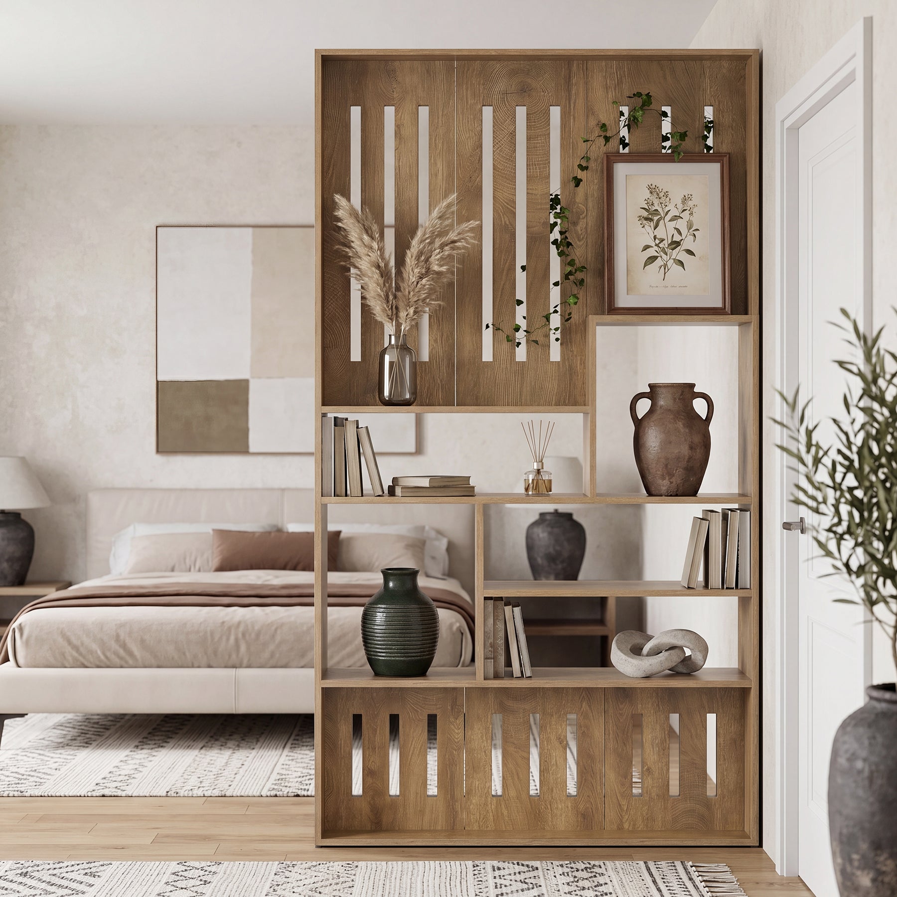 70.9" Wall Room Divider with Staggered Shelves, Freestanding Wall Partition for Living Room, Bedroom