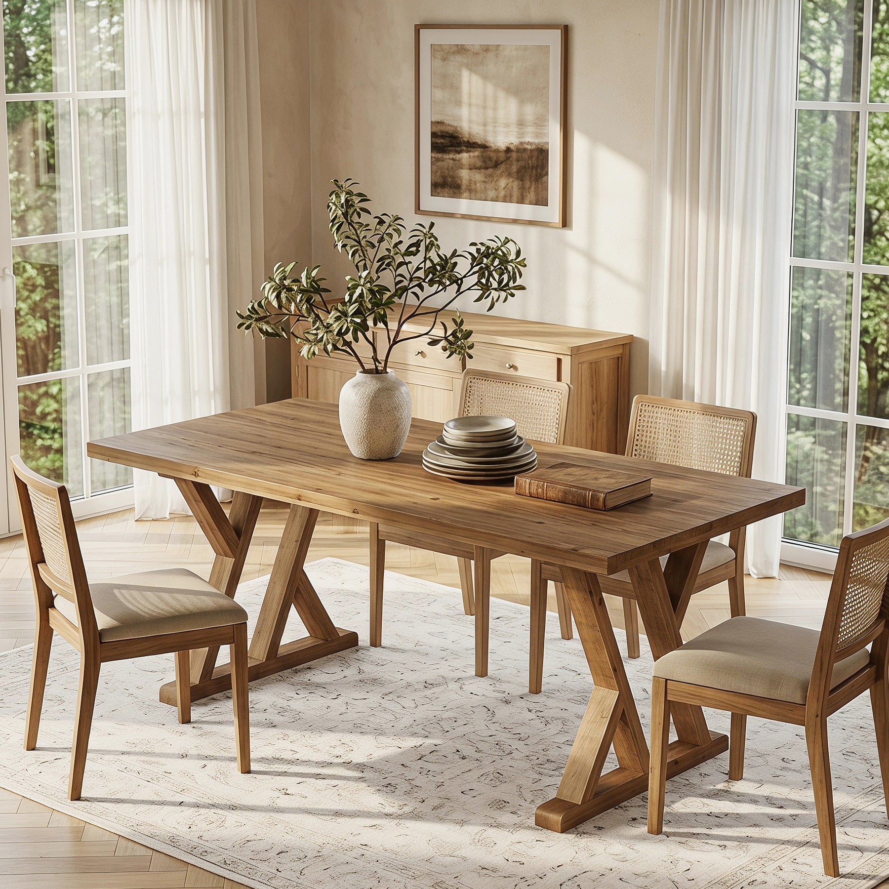 63" Wood Dining Table, Farmhouse Kitchen Dinner Table for 4-6 People