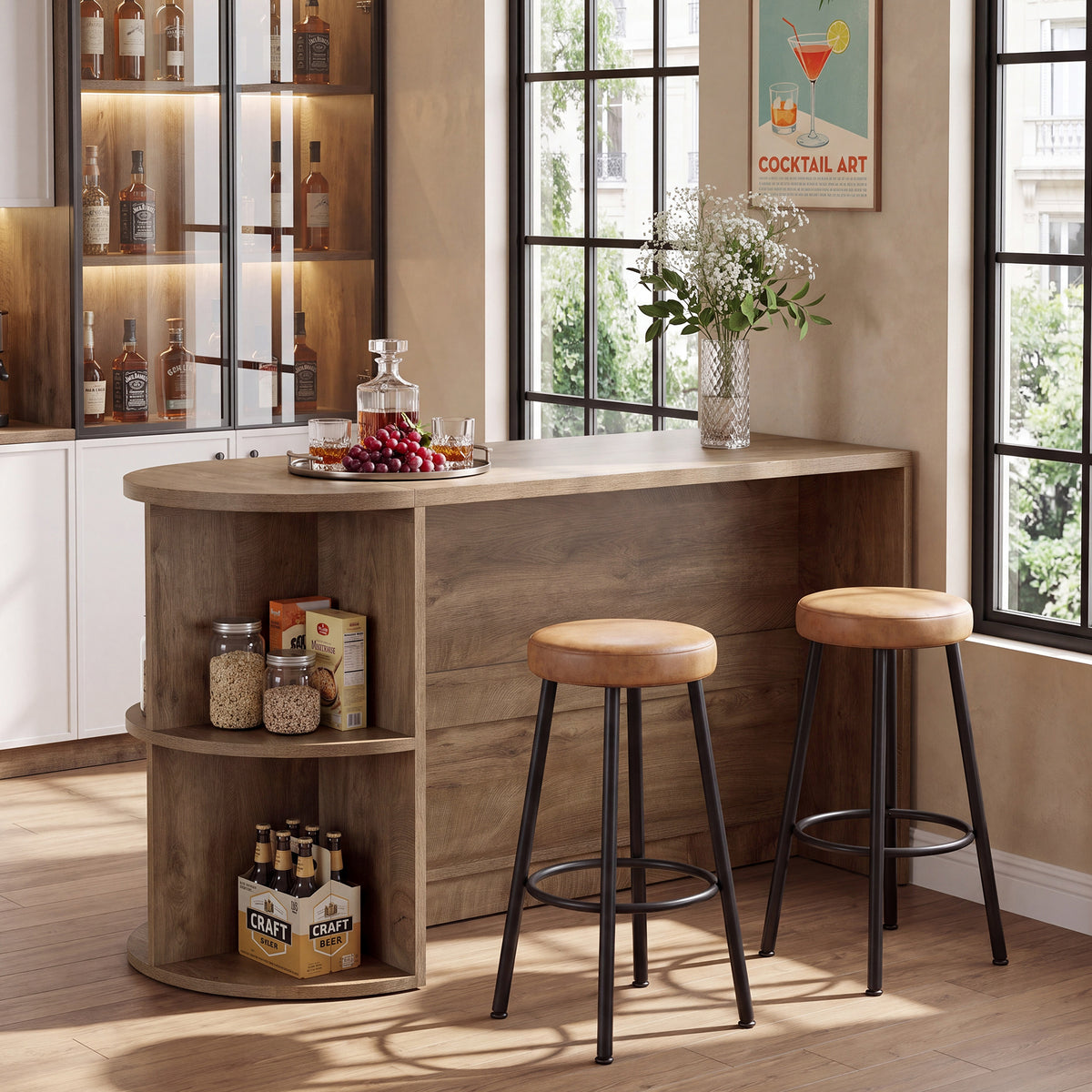 63" Home Bar Table with Drawer, Cabinet and Open Shelves for Kitchen