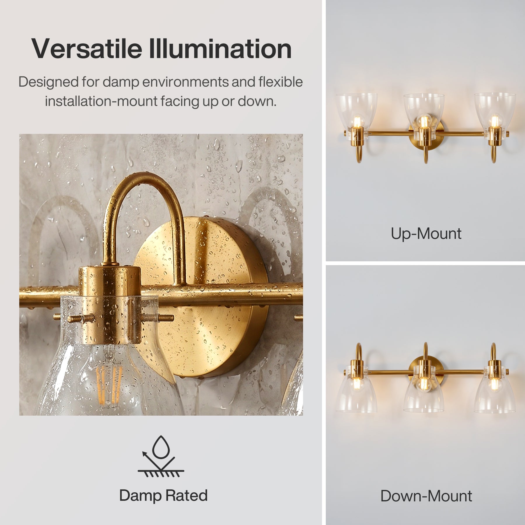 Bathroom Light Fixtures, 3-Light Vanity Lights with Clear Glass Shade