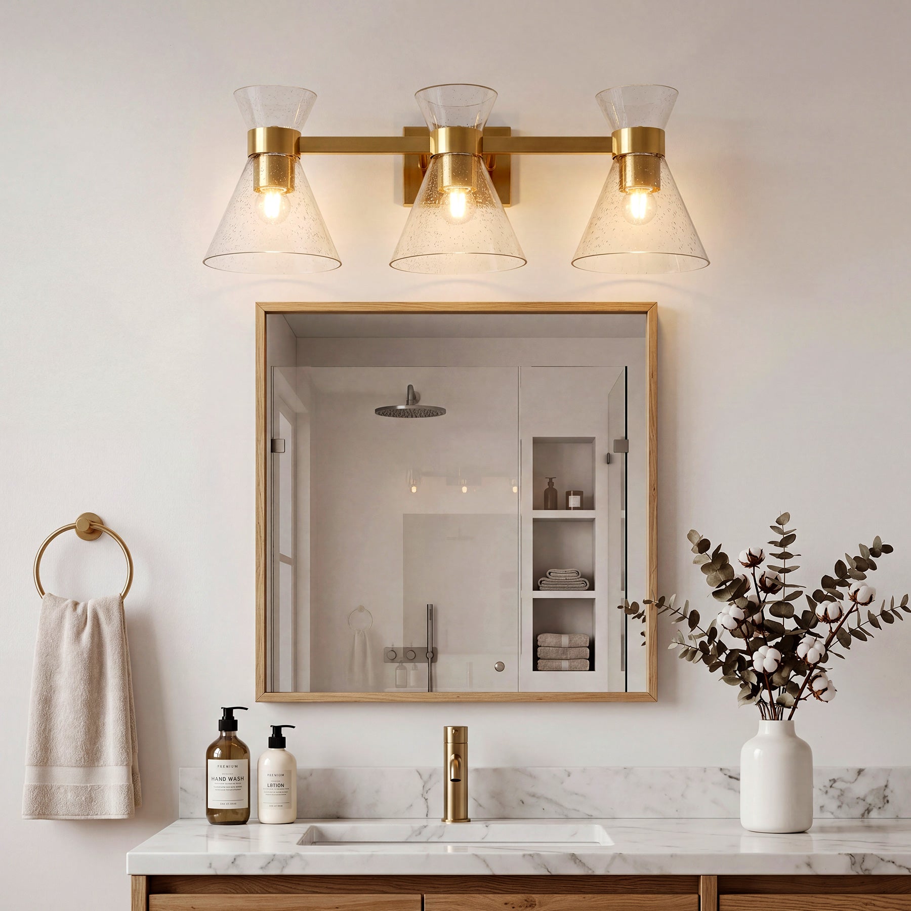 3-Light Bathroom Vanity Light, Seeded Glass Wall Light Fixtures Damp-Rated