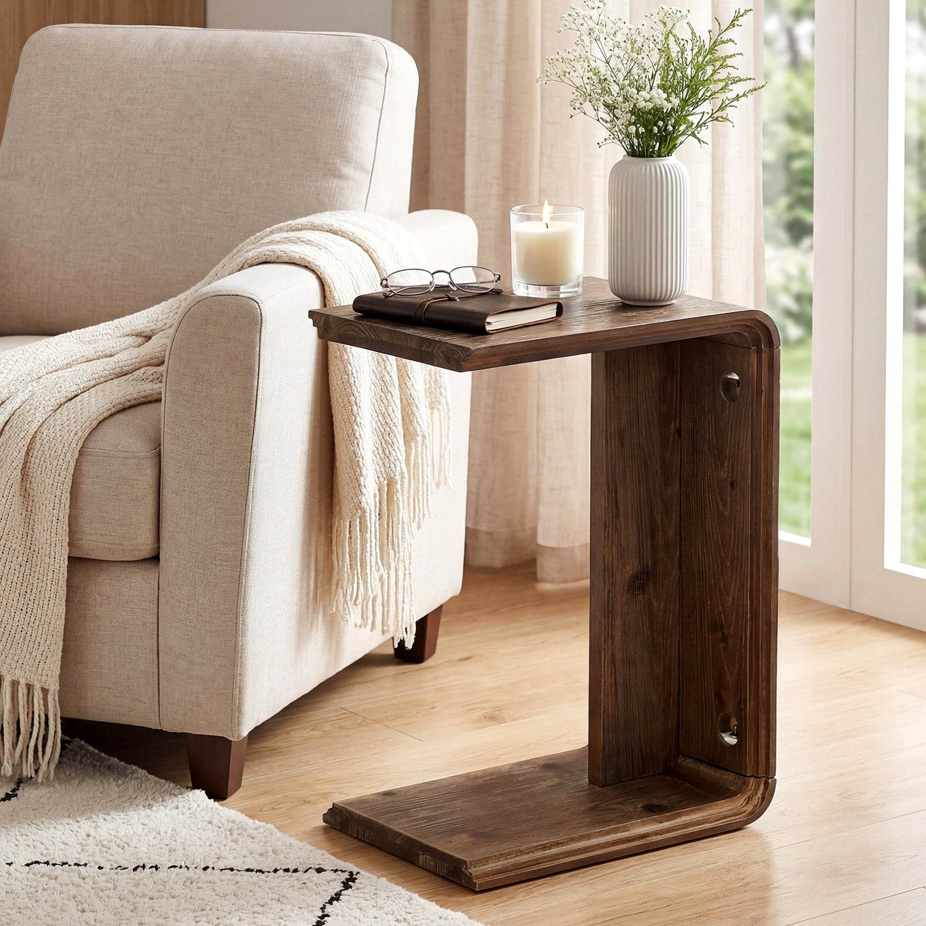 C-Shaped Solid Wood End Table for Sofa Side, Narrow Side Table for Living Room and Bedroom