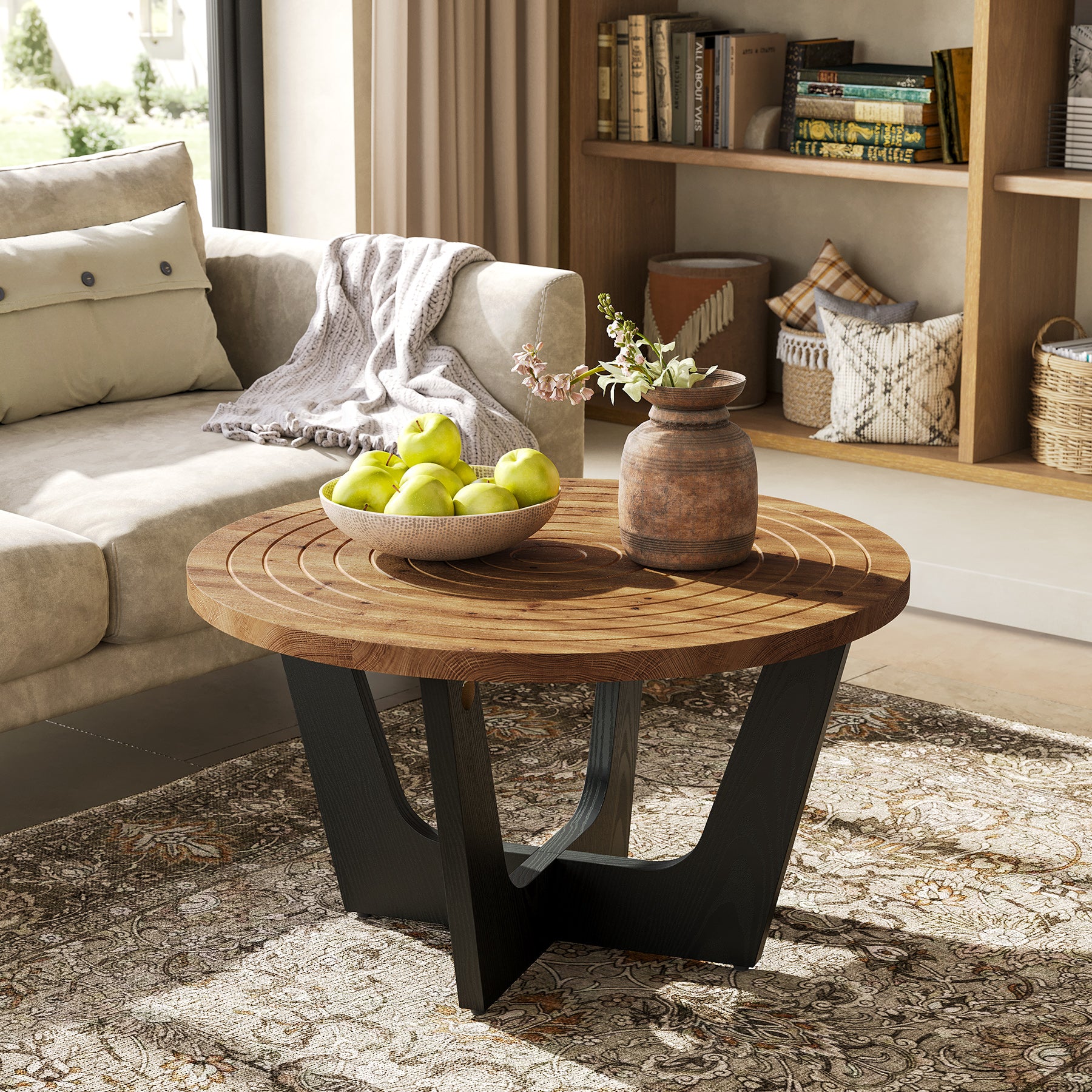 Round Solid Wood Coffee Table, 31.5" Center Tea Table with Ring Groove