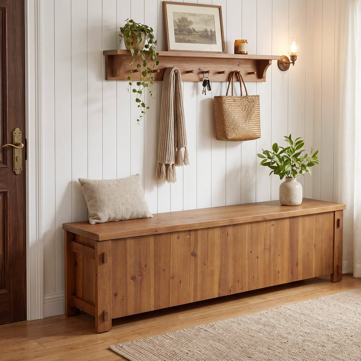 63" Solid Wood Storage Bench, Farmhouse End of Bed Bench with Soft-Close Lid for Bedroom