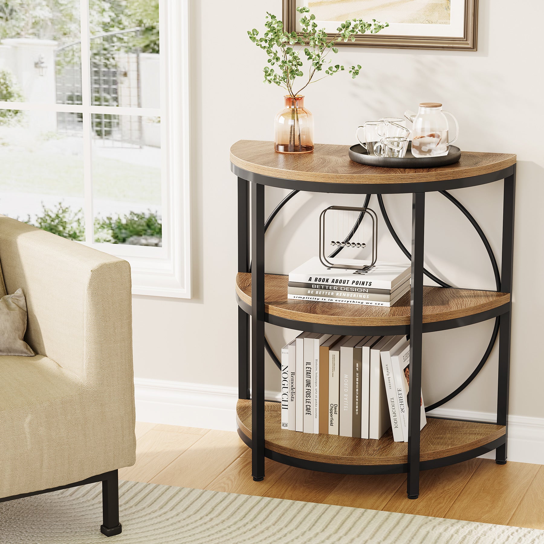 Half-Round End Table, 3-Tier Narrow Side Table with Metal Frame